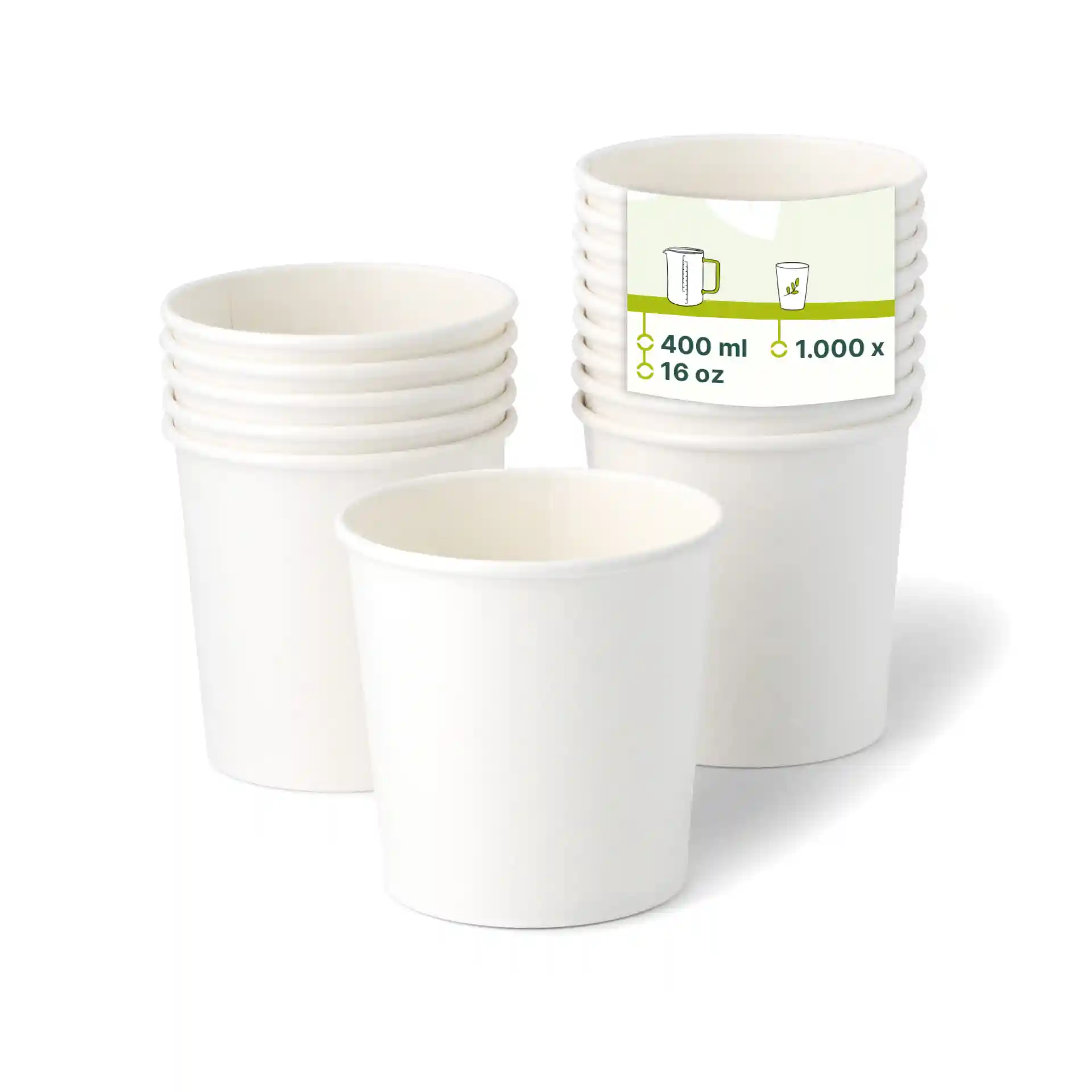 Stapel weißer Papiereisbecher mit einem Becher vorne, der ein Etikett mit Volumenangaben zeigt.