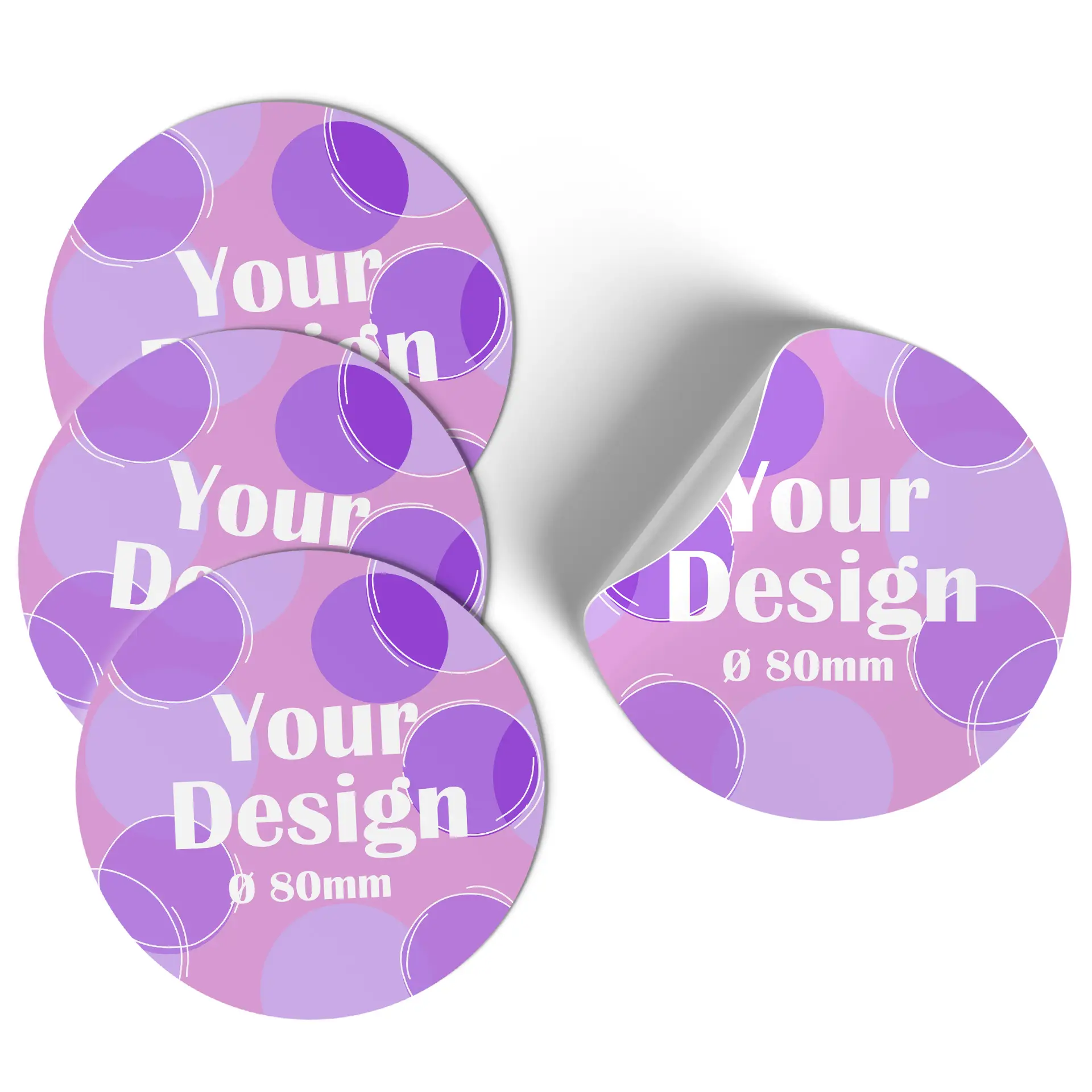 Round decorative sticker showing a design with a stylized bird, size Ø 8 cm, with a gradient background.