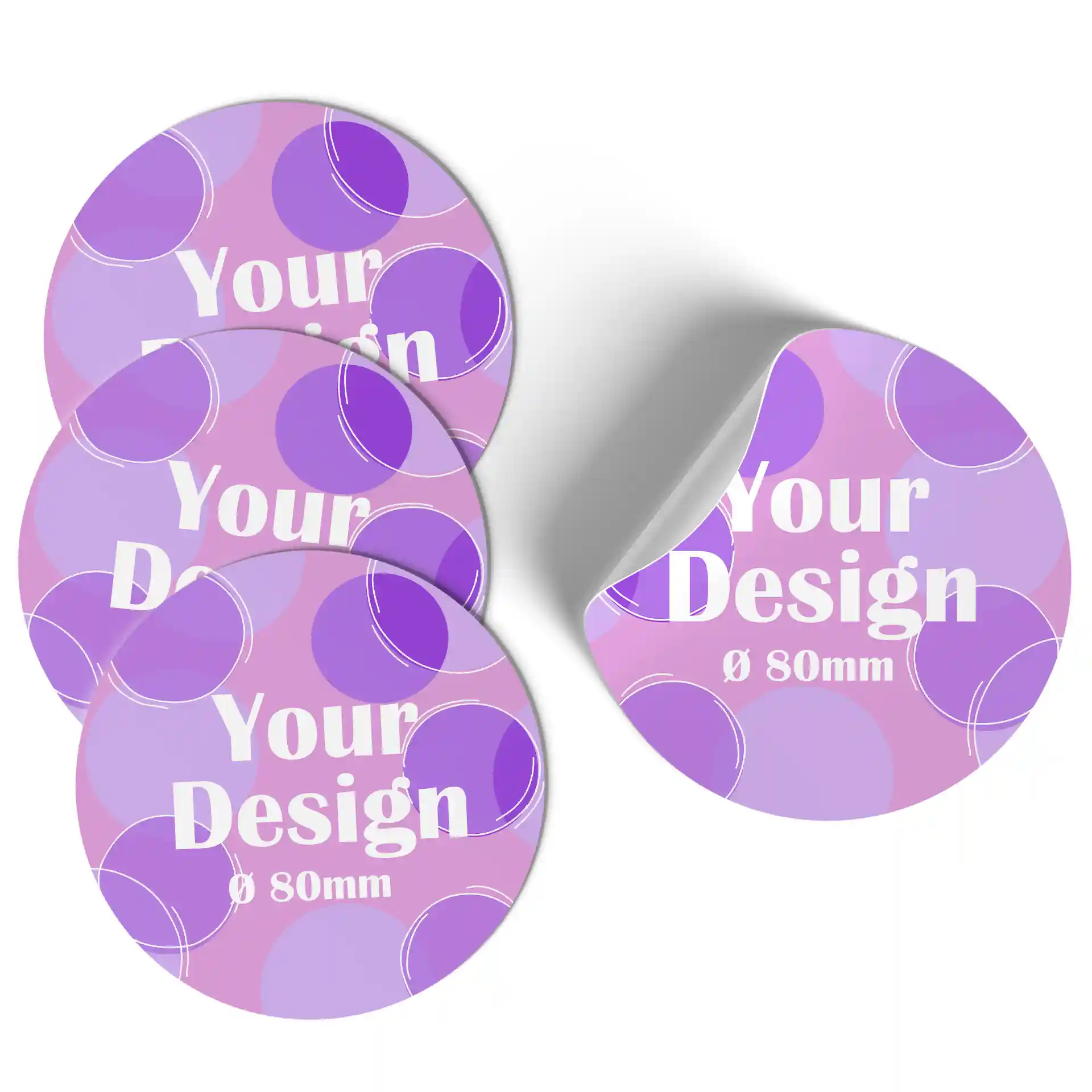 Round printed labels on a white matte background, featuring purple and pink circles, measuring 80 mm in diameter.
