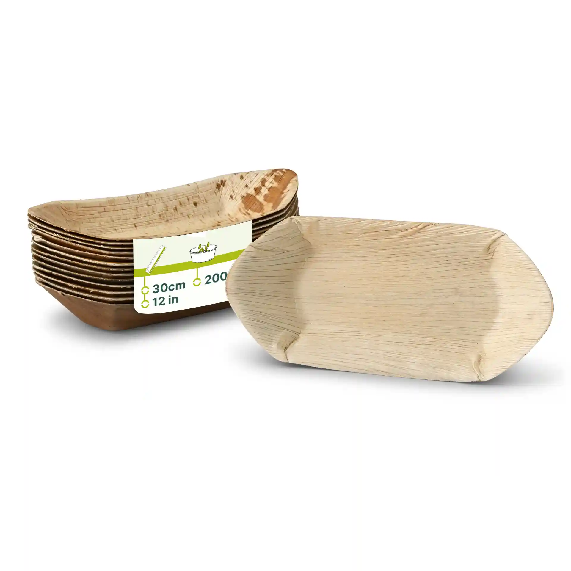 Deep palm leaf boat, 30 cm long, with a grain color, shown with several similar items stacked behind.