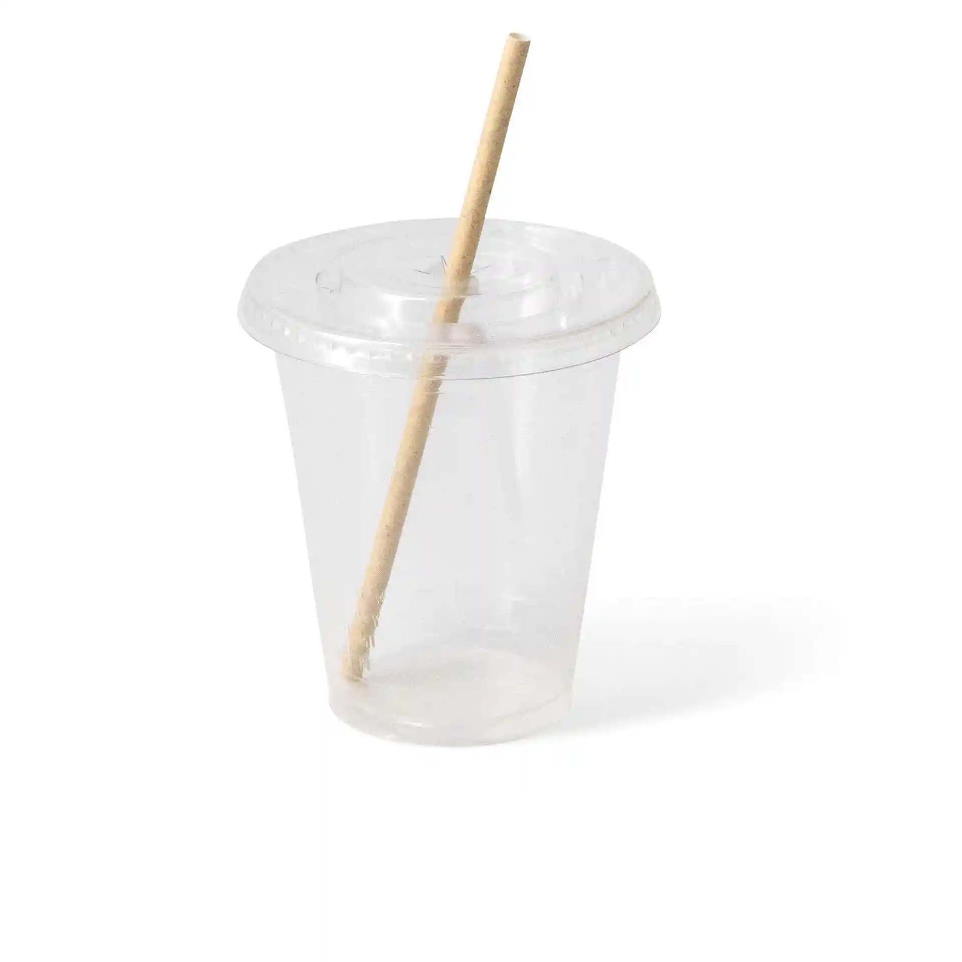Transparenter 12 oz Plastikbecher mit Papierstrohhalm, Höhe 106 mm und Durchmesser 95 mm.