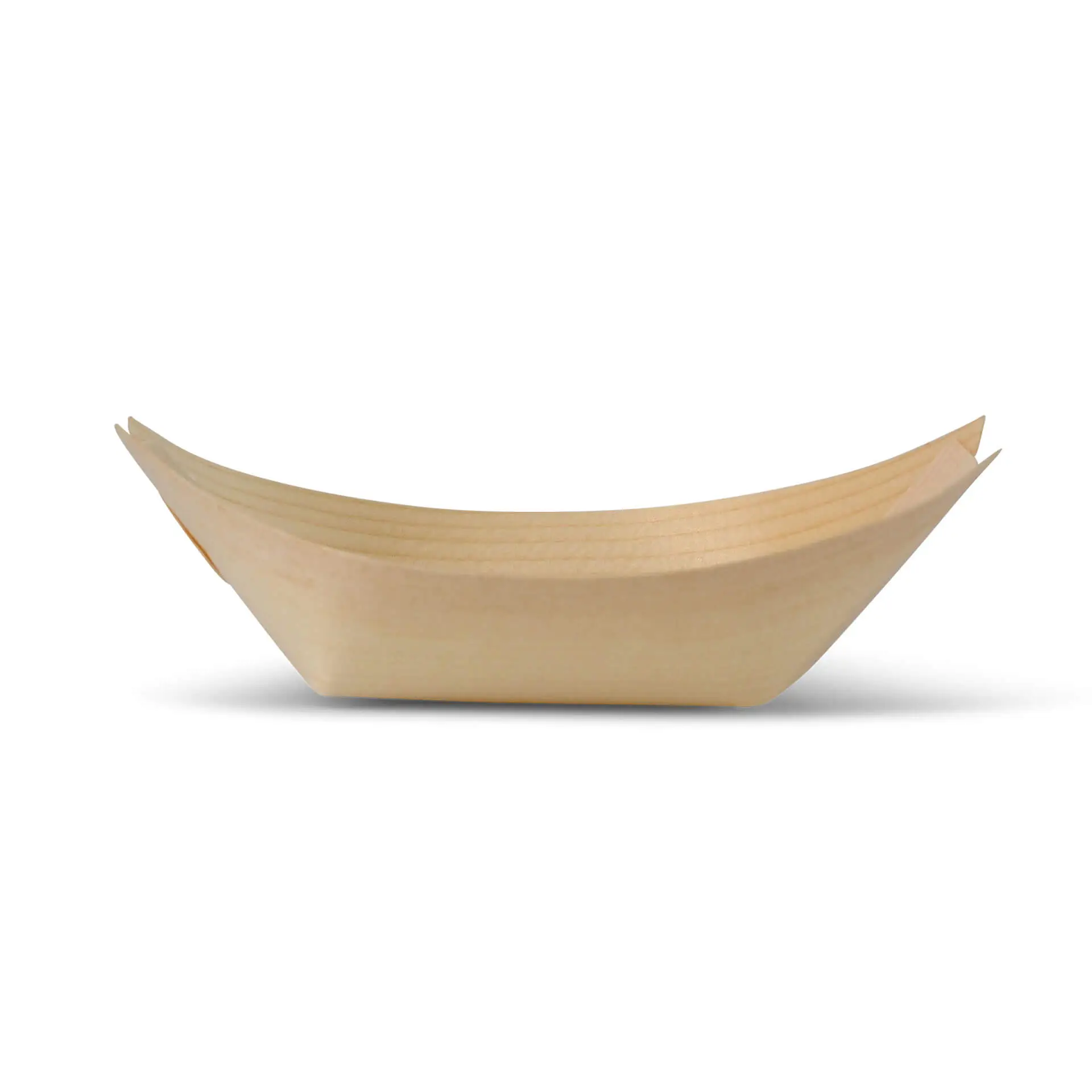 Wooden boat-shaped container, 11 cm long, made of brown wood, with a smooth surface and no coating.