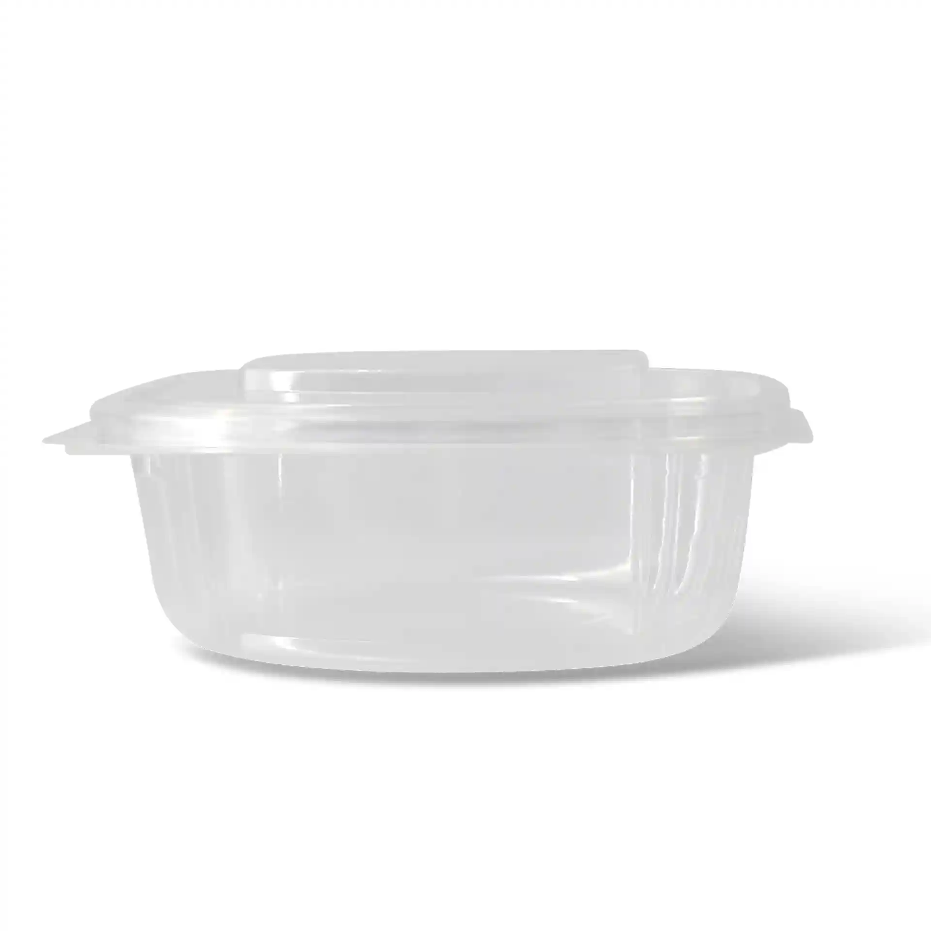 Transparente rechteckige PLA-Delischale mit einem faltbaren Deckel, 160 mm lang und 130 mm breit.