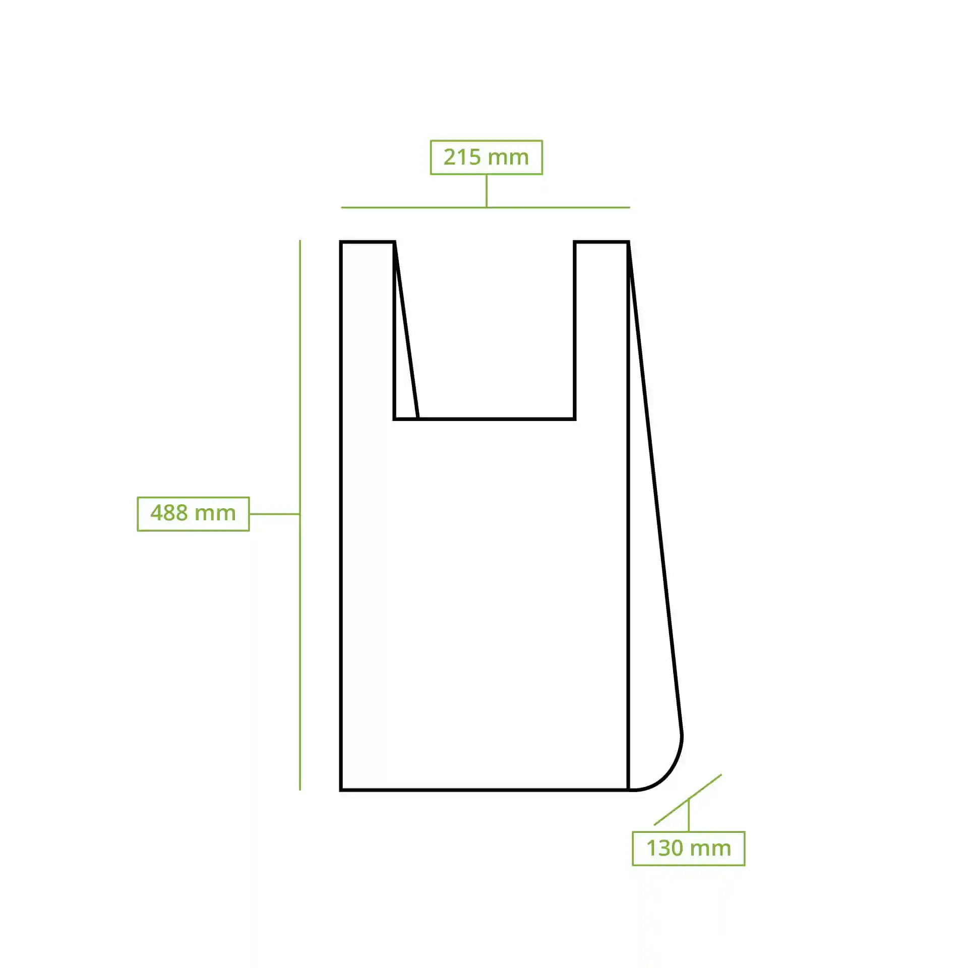 Schematische Zeichnung einer Tasche mit den Abmessungen: Höhe 488 mm, Länge 215 mm, Breite 130 mm.