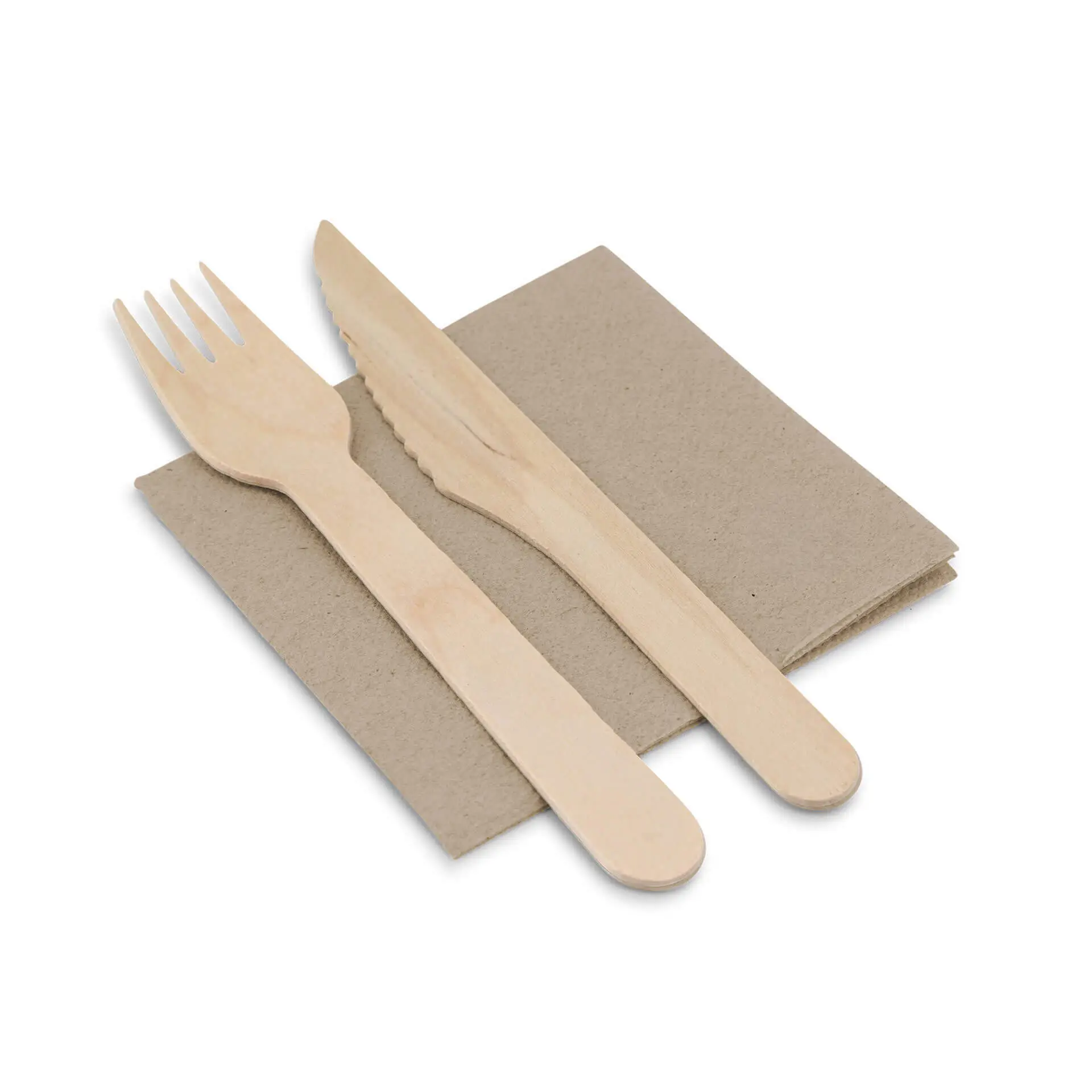 Set of wooden fork and knife on unbleached paper napkins, with a square shape and two layers.