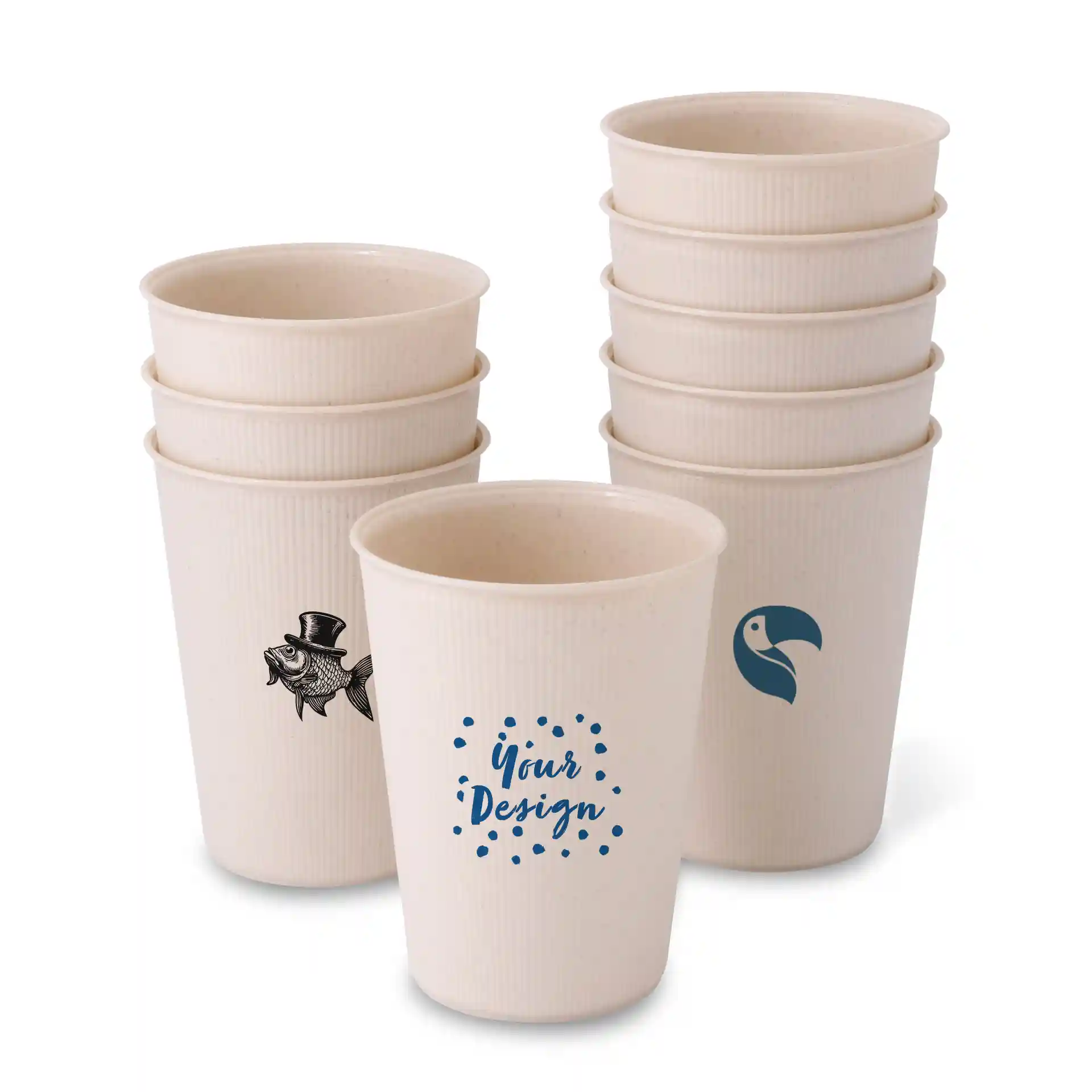 Stack of reusable cups with a ripple design, featuring printed fish and bird graphics, on a white background.