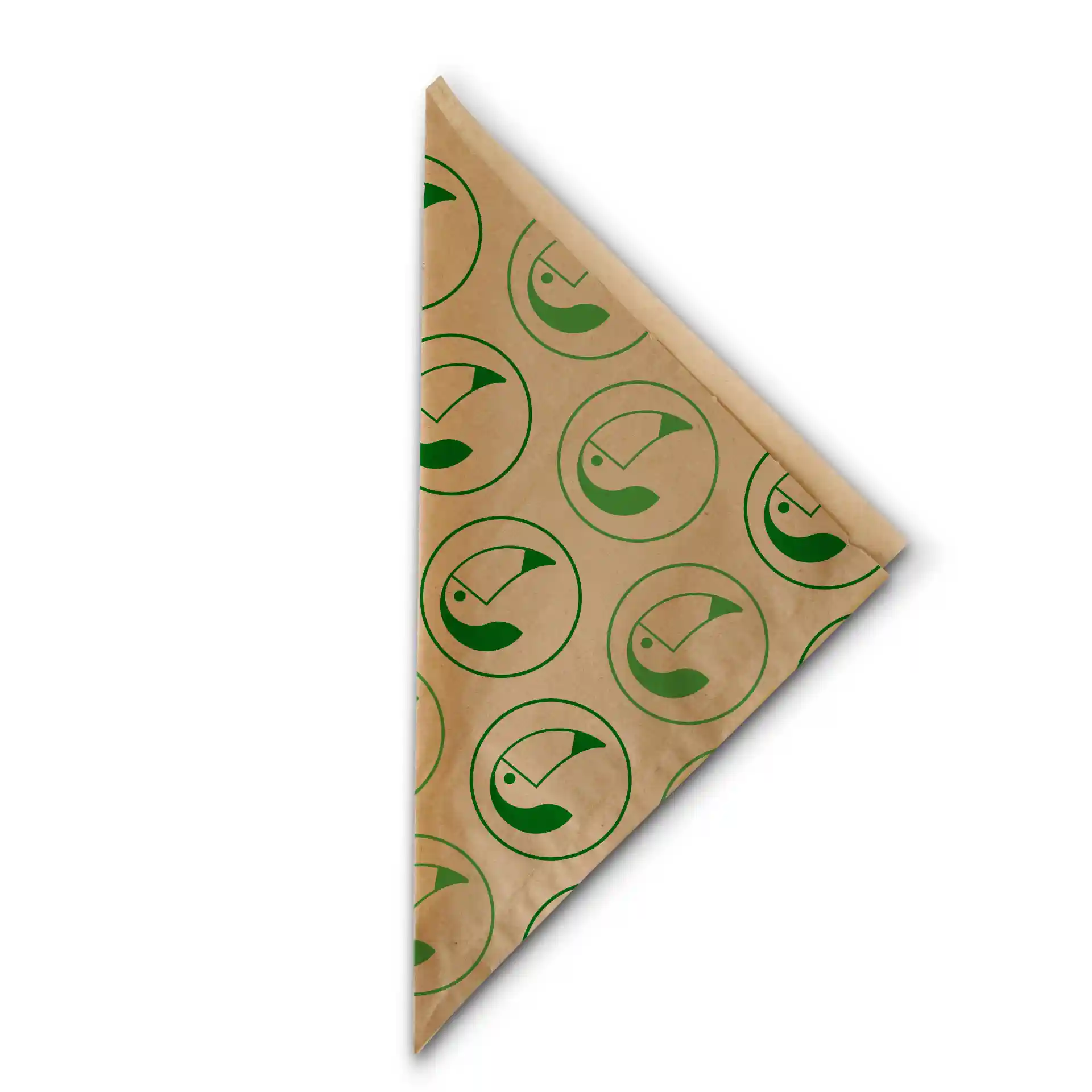 Brown printed paper cone with green circular logo pattern, measuring 19 x 19 cm.