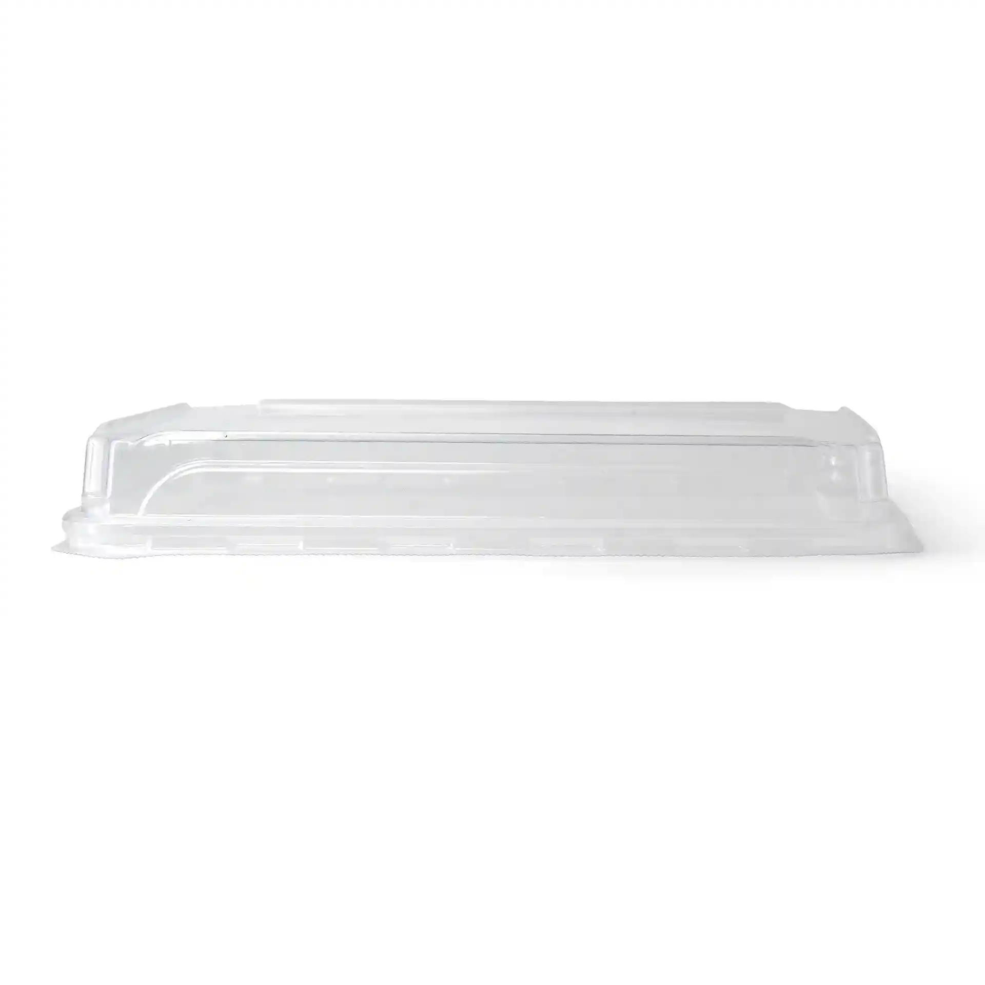 Transparent PET lid for sushi boxes, measuring 24 x 15 cm, with a height of 3 cm.