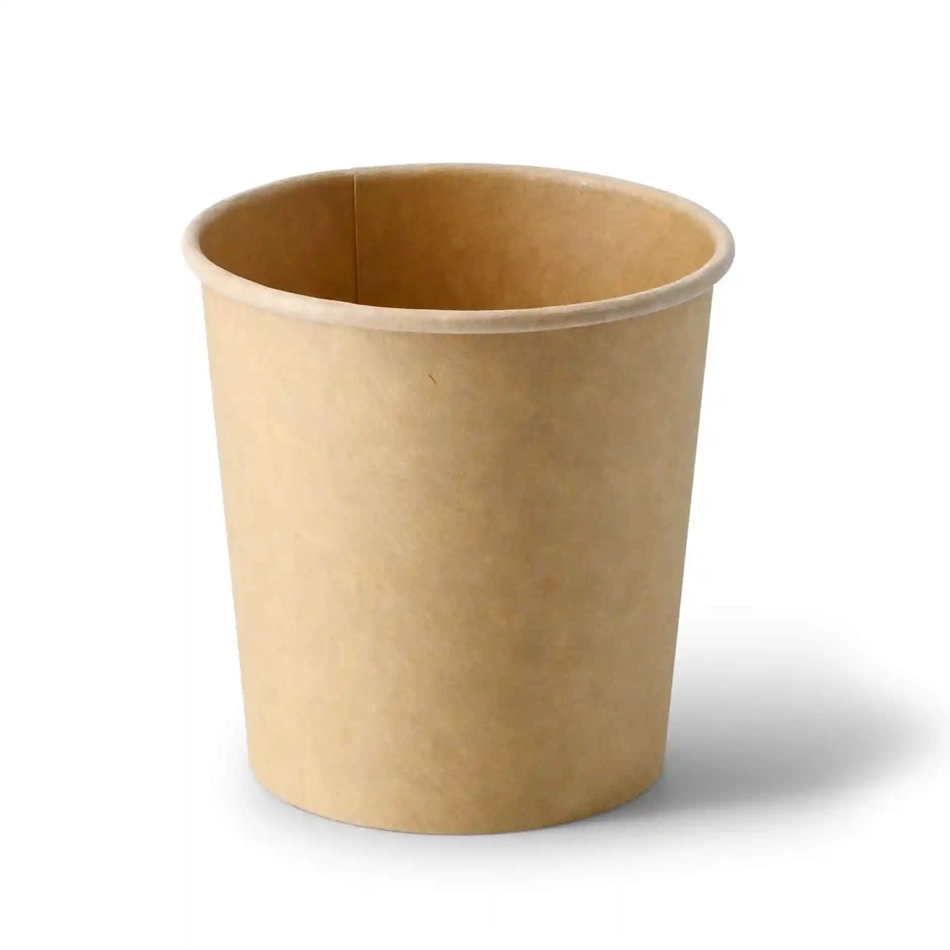 Brown cardboard soup cup with a round shape, 16 oz capacity, and eco-friendly coating.
