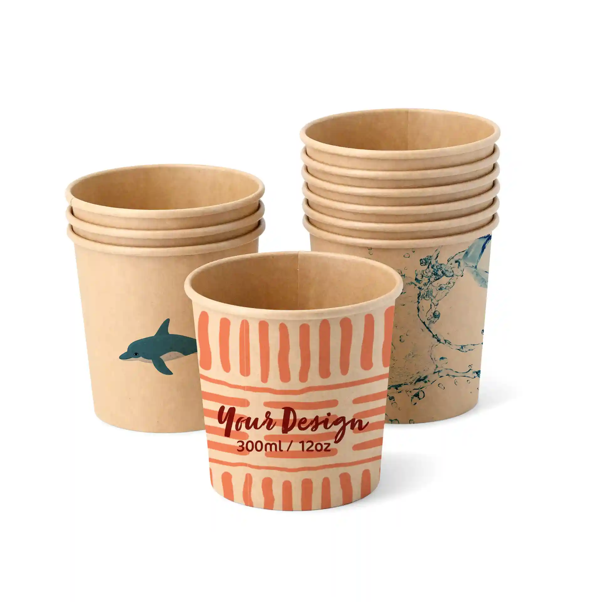 Brown cardboard ice cream cups with various designs, including a dolphin and water splash, stacked together.
