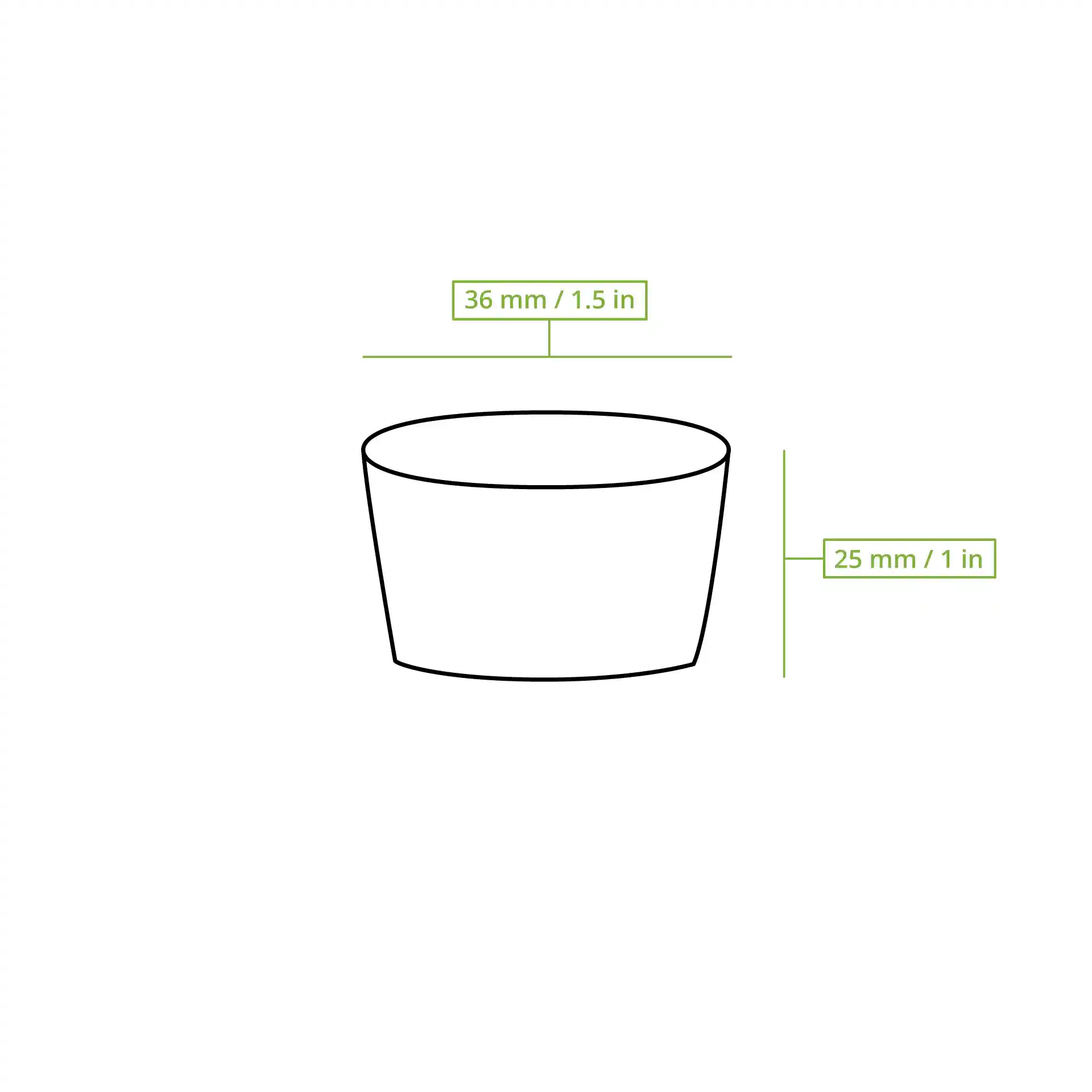 Schematische Zeichnung eines braunen Bechers mit Abmessungen: Höhe 25 mm und Durchmesser 36 mm.