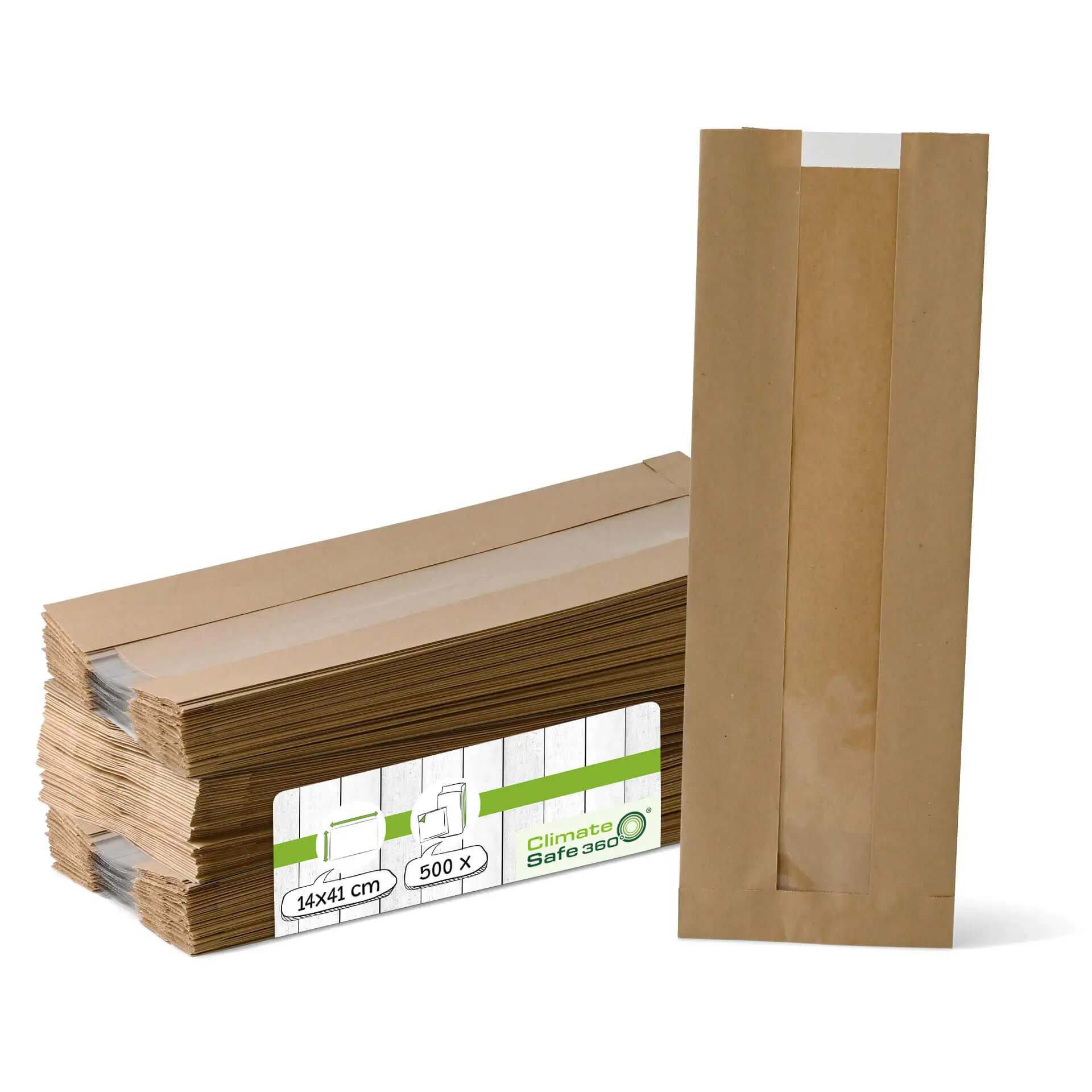 Bäckertüten aus Papier mit Fenster M, 14 x 7 x 41 cm, braun