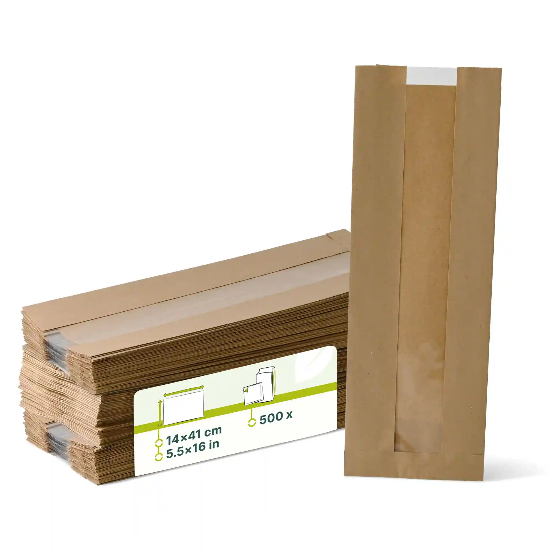 Brown flat paper bread bags with a viewing window, measuring 14 x 41 cm, stacked with one bag upright.
