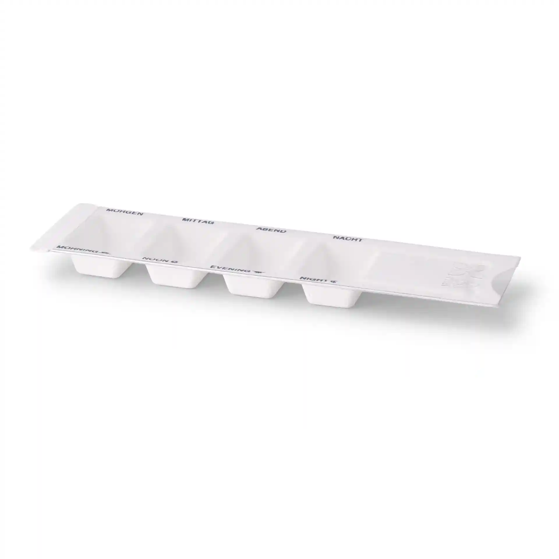 White rectangular medication dispenser with four chambers labeled for morning, noon, evening, and night.