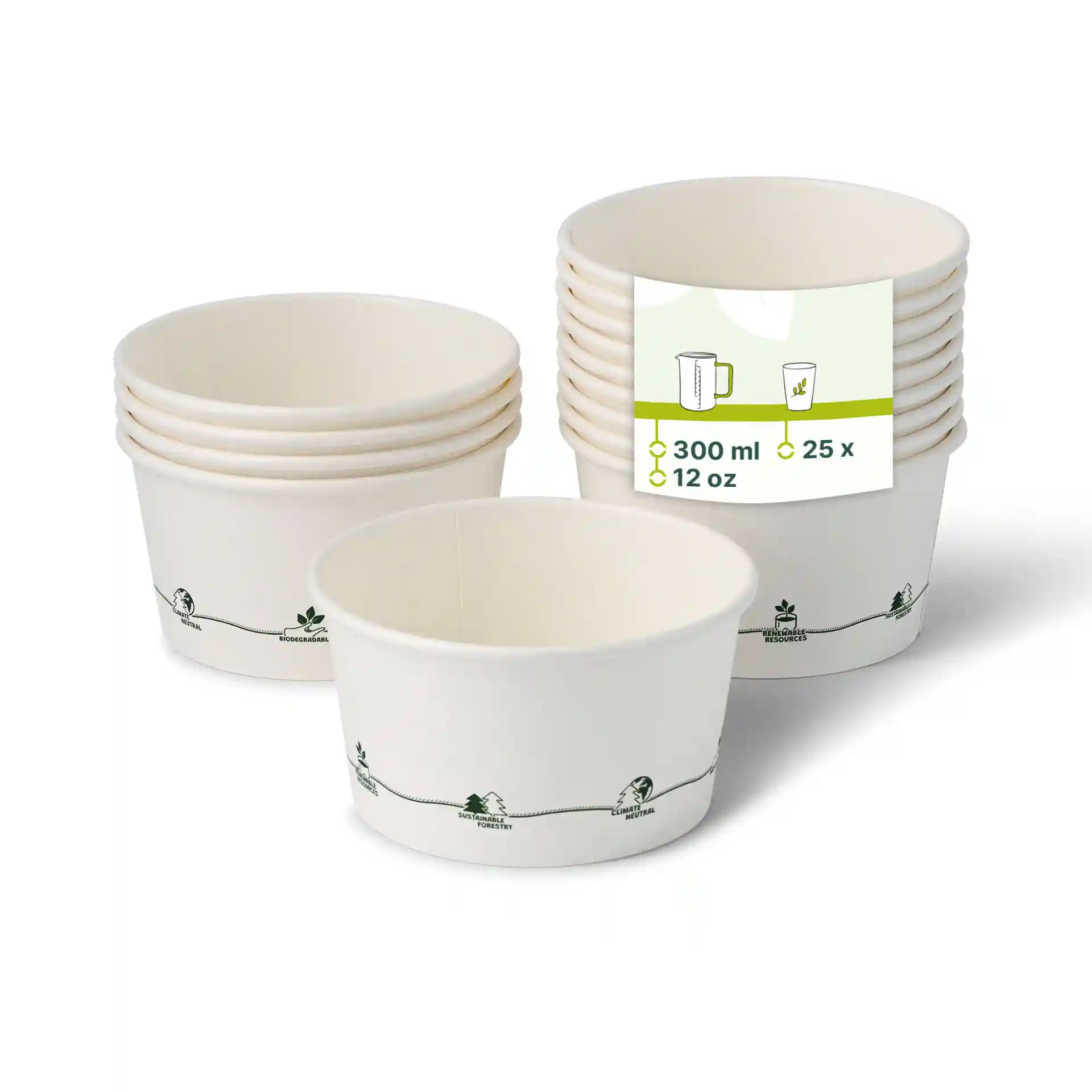 Stapel weißer Pappbecher für Suppe mit Druckdesign, jeder fasst 300 ml, mit Etikett gezeigt.