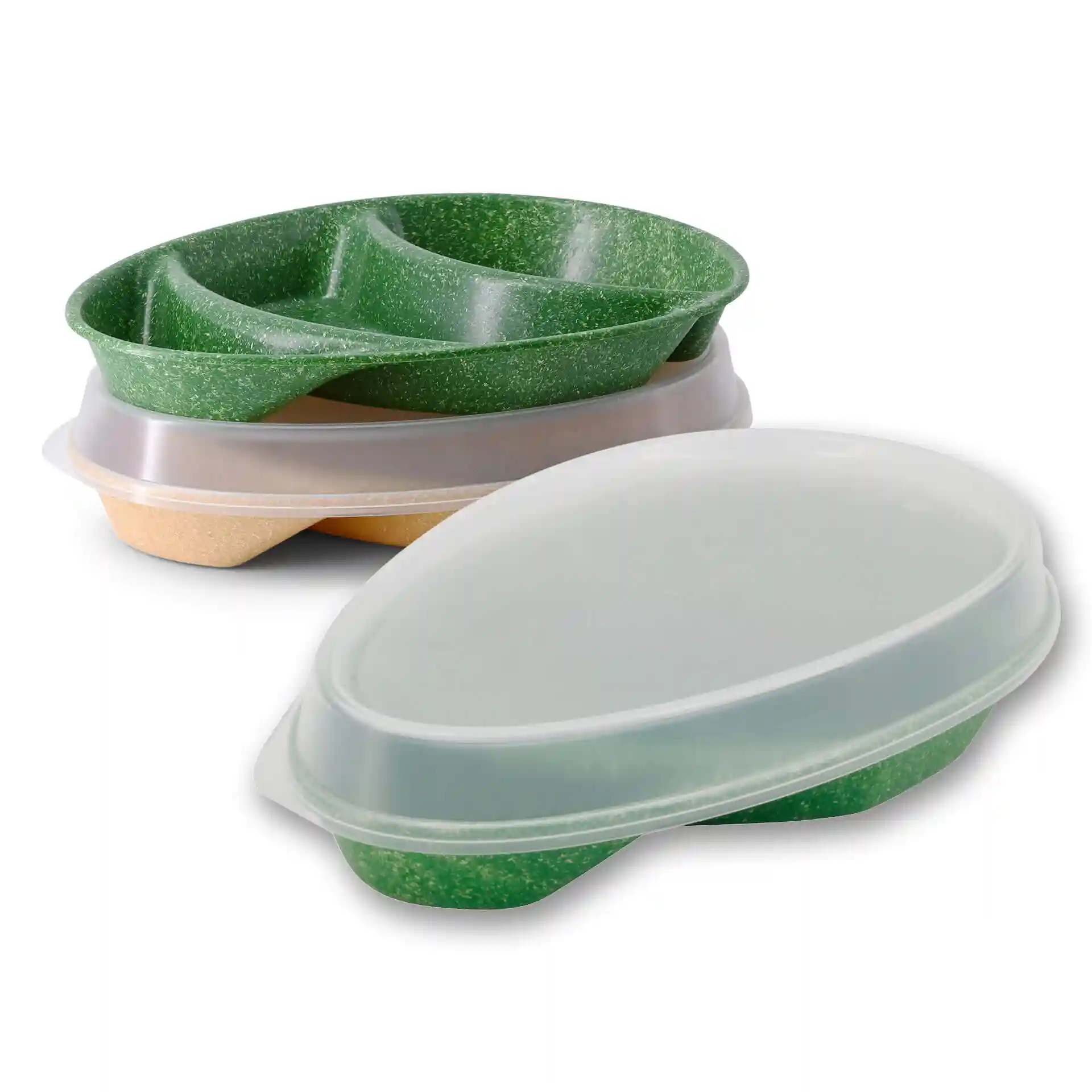 Reusable menu-plates in green with three compartments, featuring a teardrop shape and a transparent lid.
