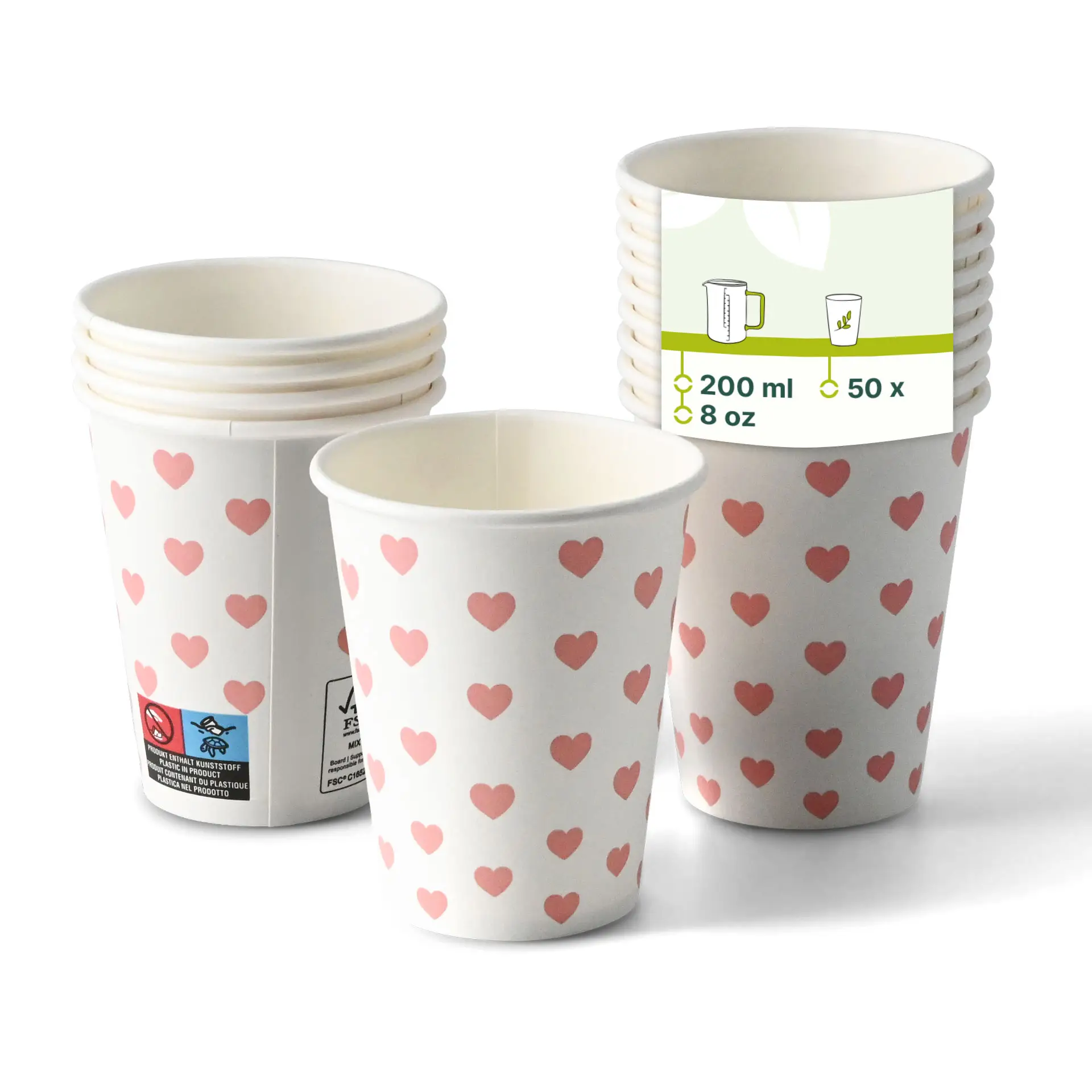 Runder Pappbecher mit pinken Herzmotiven, 8 oz Fassungsvermögen, gestapelt mit mehreren Bechern sichtbar.