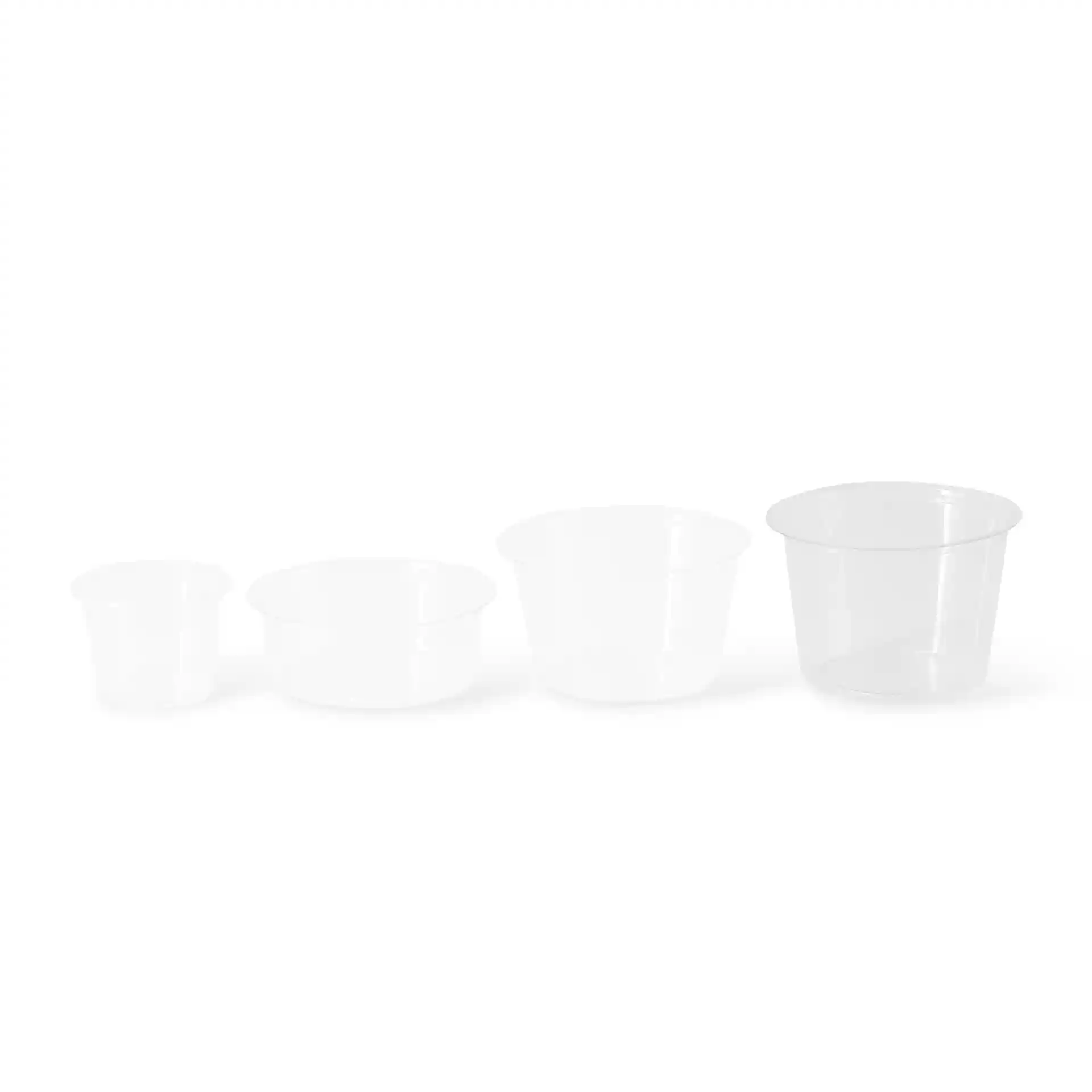 Four transparent PLA portion cups of varying sizes arranged from smallest to largest.