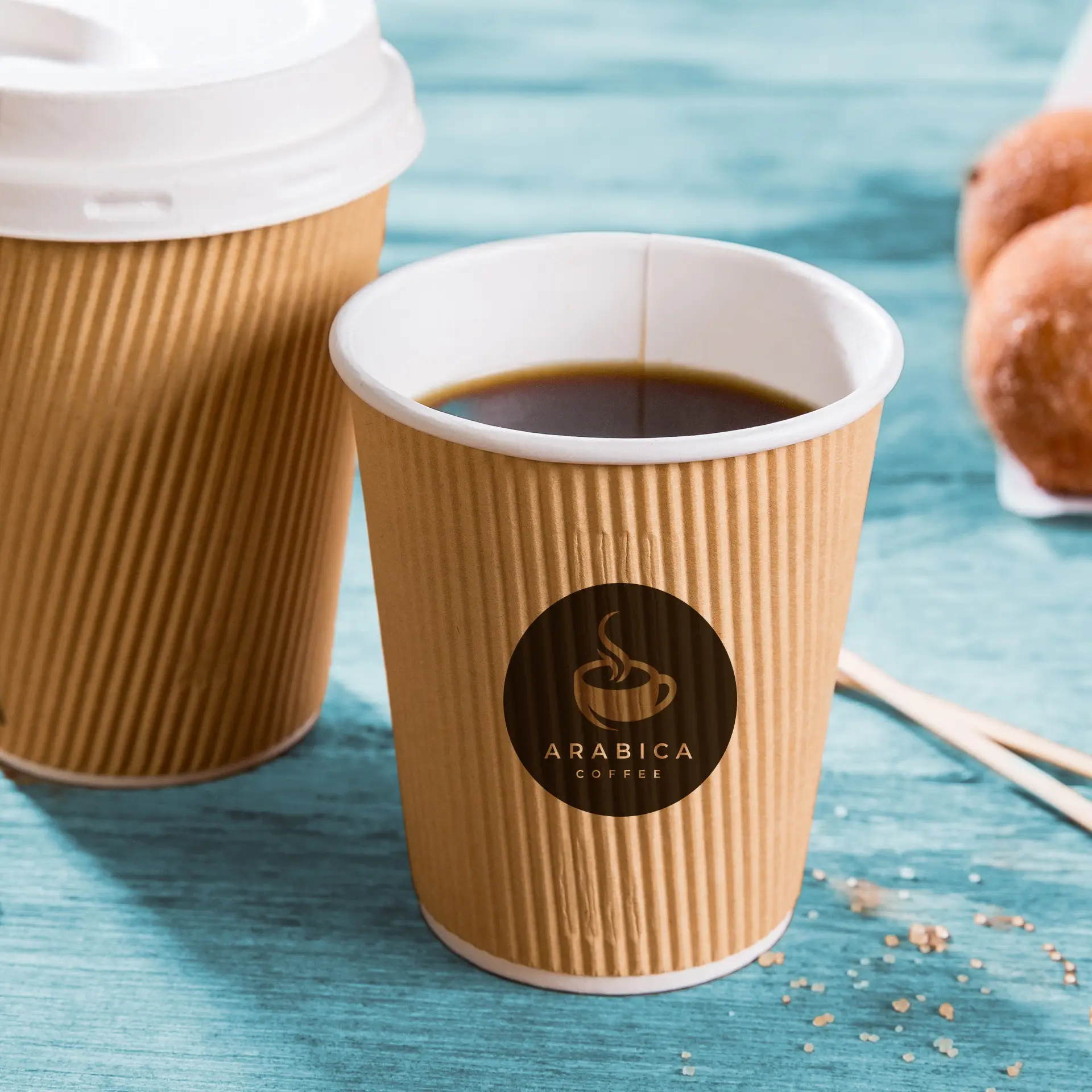 Riffelbecher bedruckt, 200 ml / 8 oz, braun / weiß, PE-beschichtet