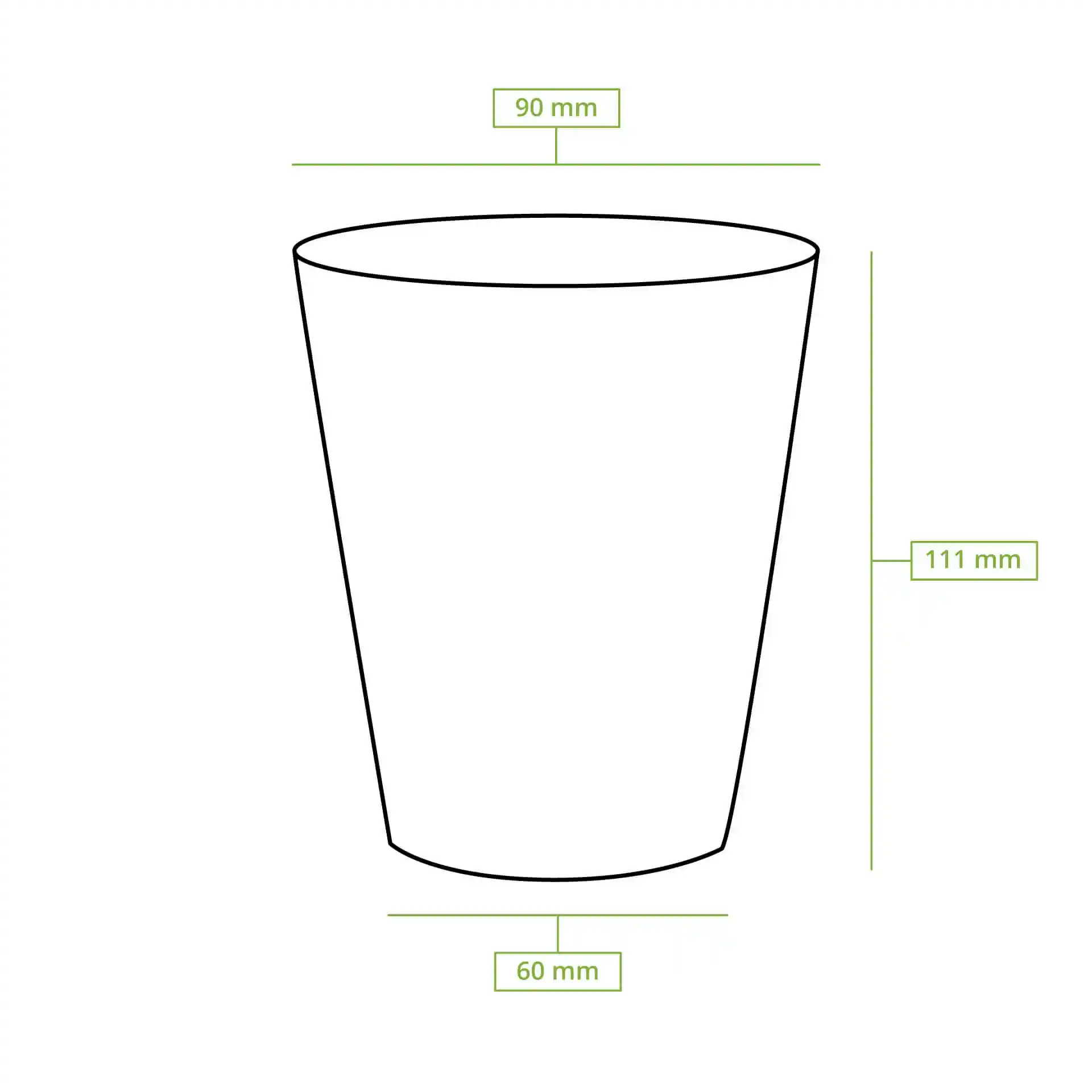 Schematic drawing of a black paper cup with dimensions: top diameter 90 mm, height 111 mm, bottom diameter 60 mm.