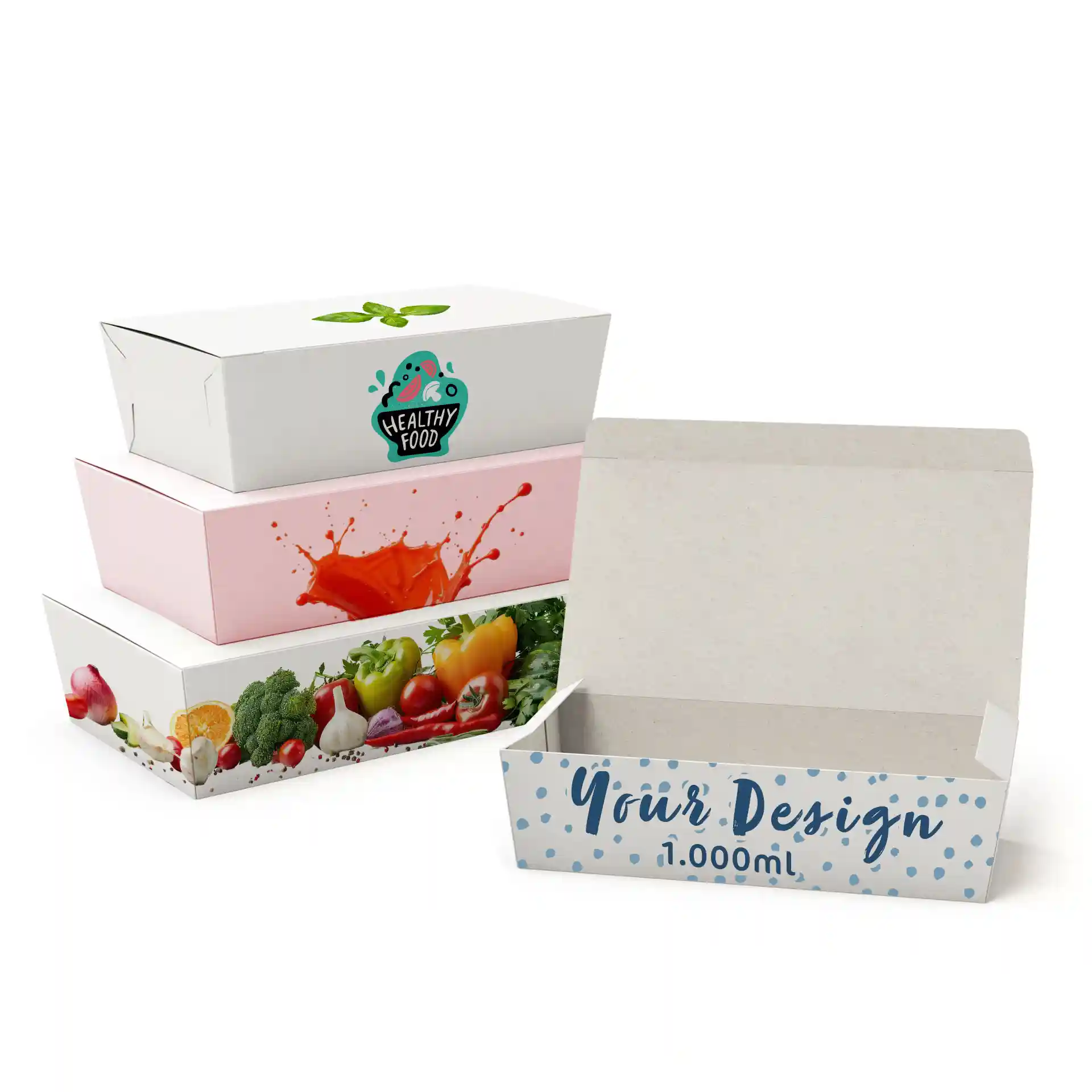Image of multiple printed snack boxes in various designs, with one box open, showing a plain interior.