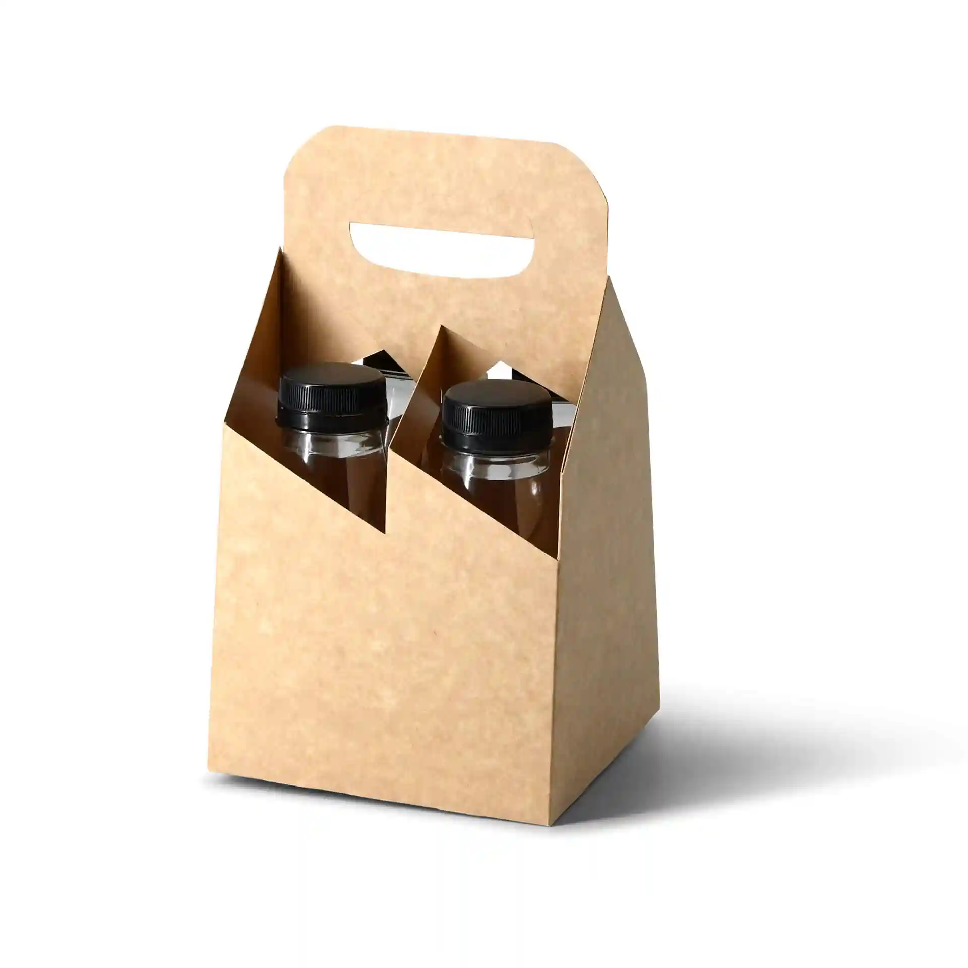 Tragebox mit zwei klaren rPET-Flaschen mit schwarzen Deckeln, für 250 ml Inhalt.