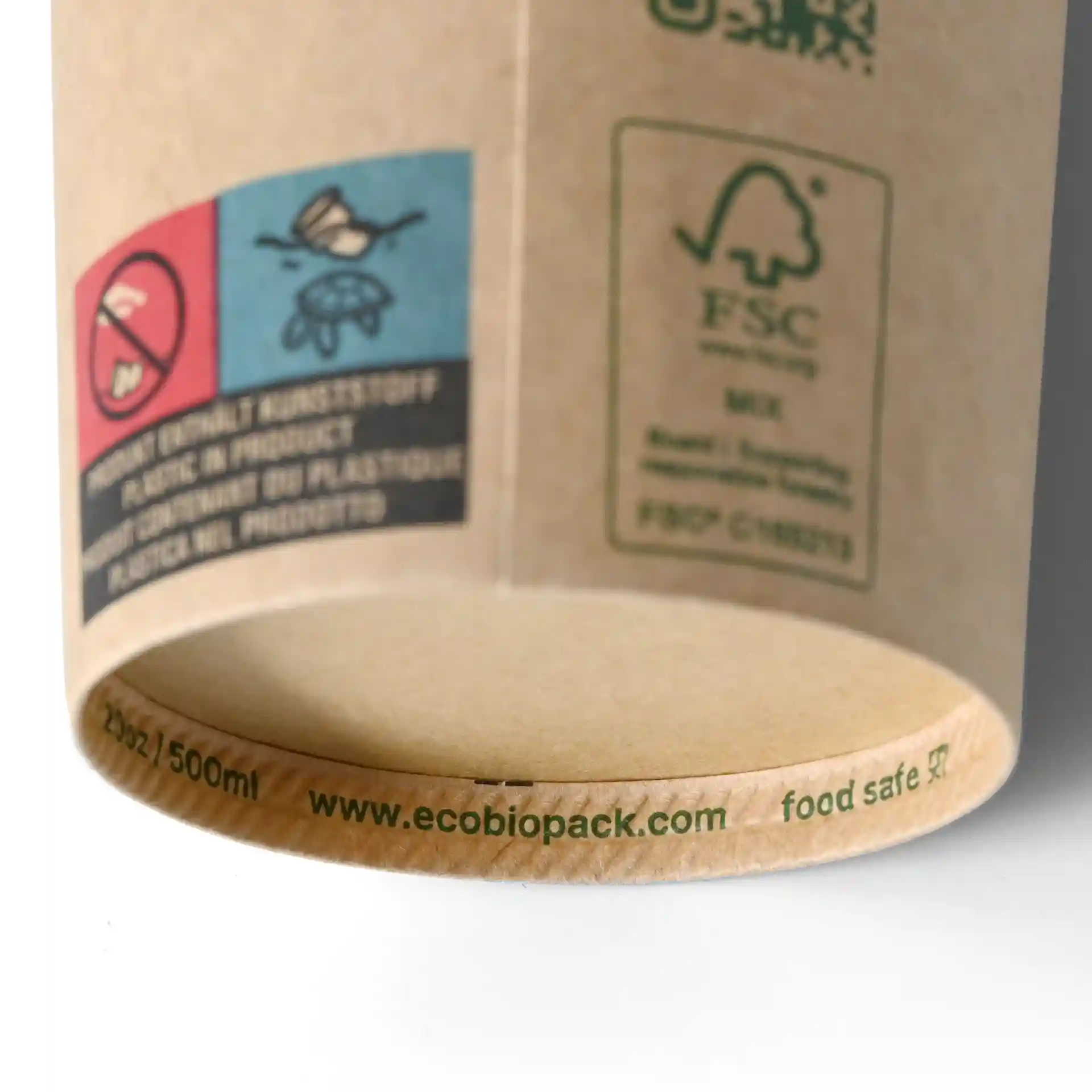 Brown paper cup with a diameter of 90 mm and a height of 150 mm, showing printed symbols and markings.