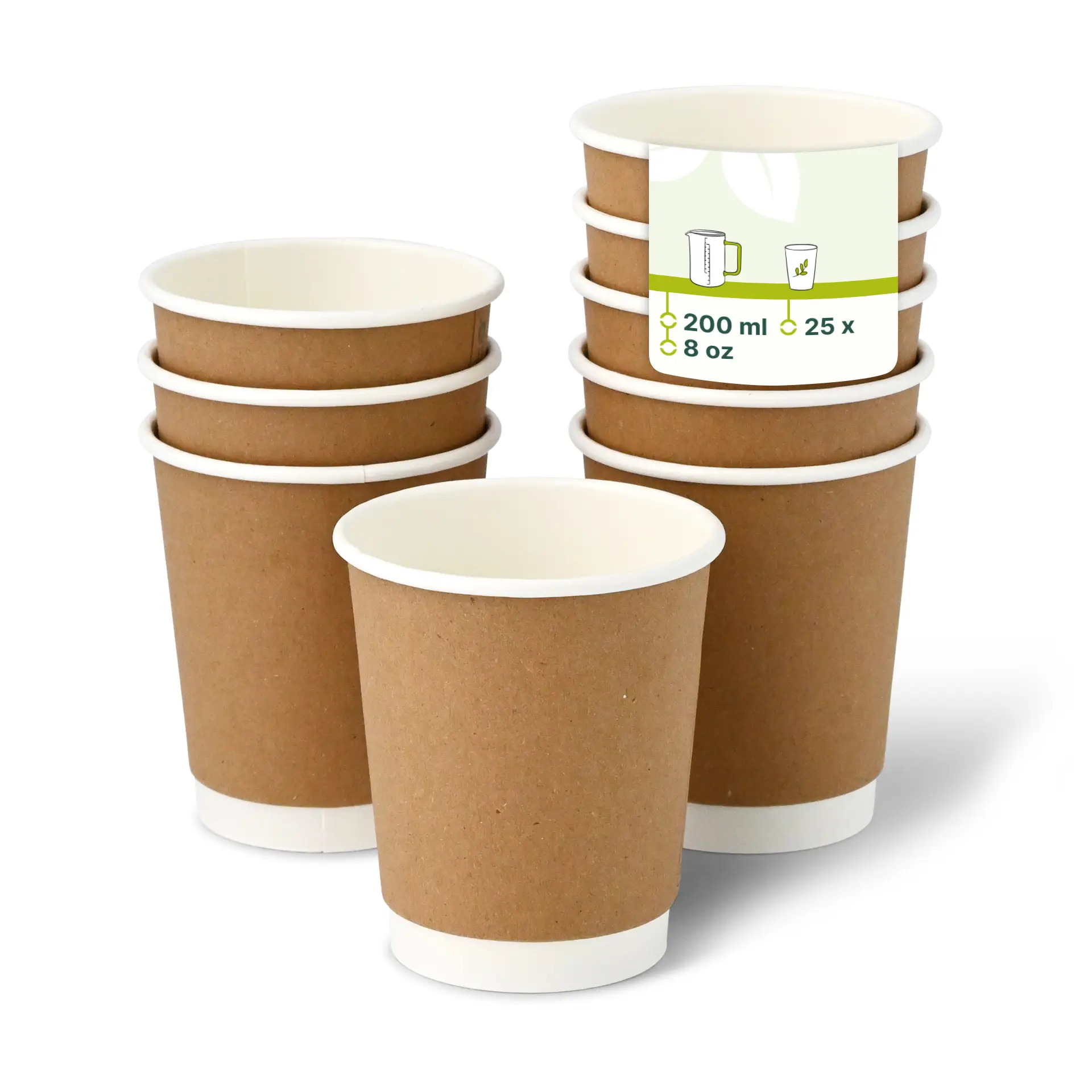 One brown double-walled coffee cup with a white interior; additional similar cups are shown with reduced opacity.