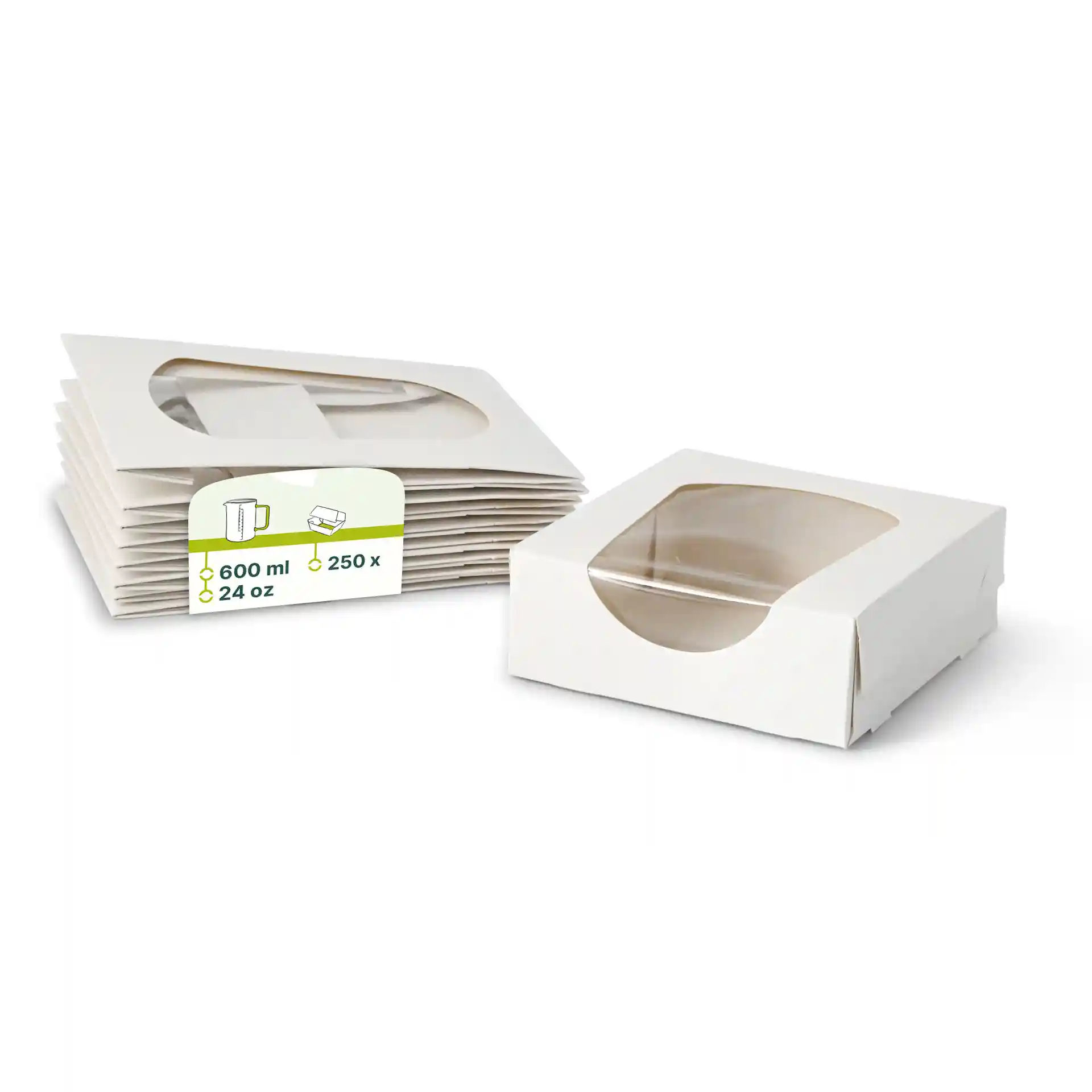 White cardboard window boxes with a cellulose window, rectangular shape, and foldable design.