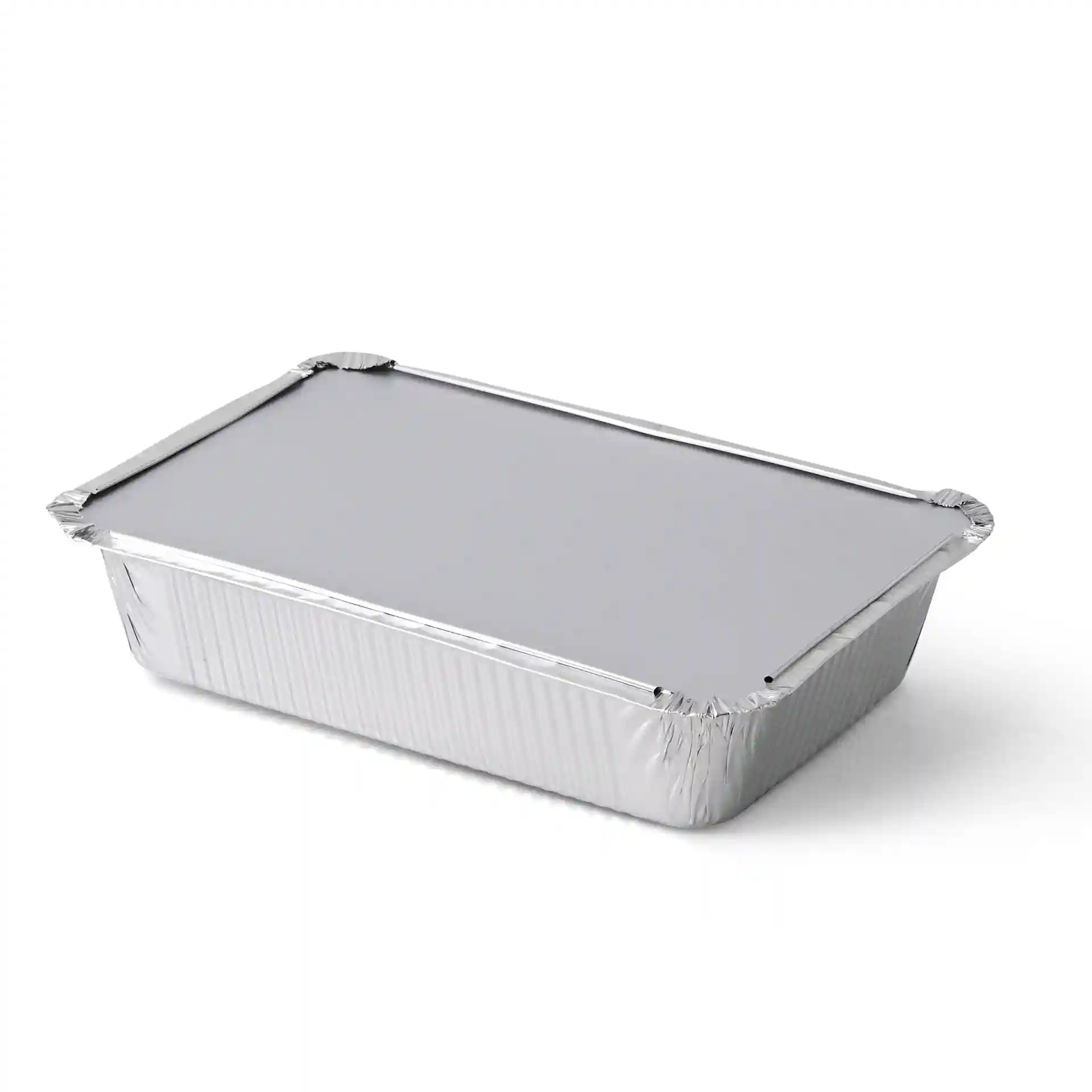 Rectangular aluminum container measuring 21.4 x 14.9 x 4.3 cm with a flat lid and ribbed sides.