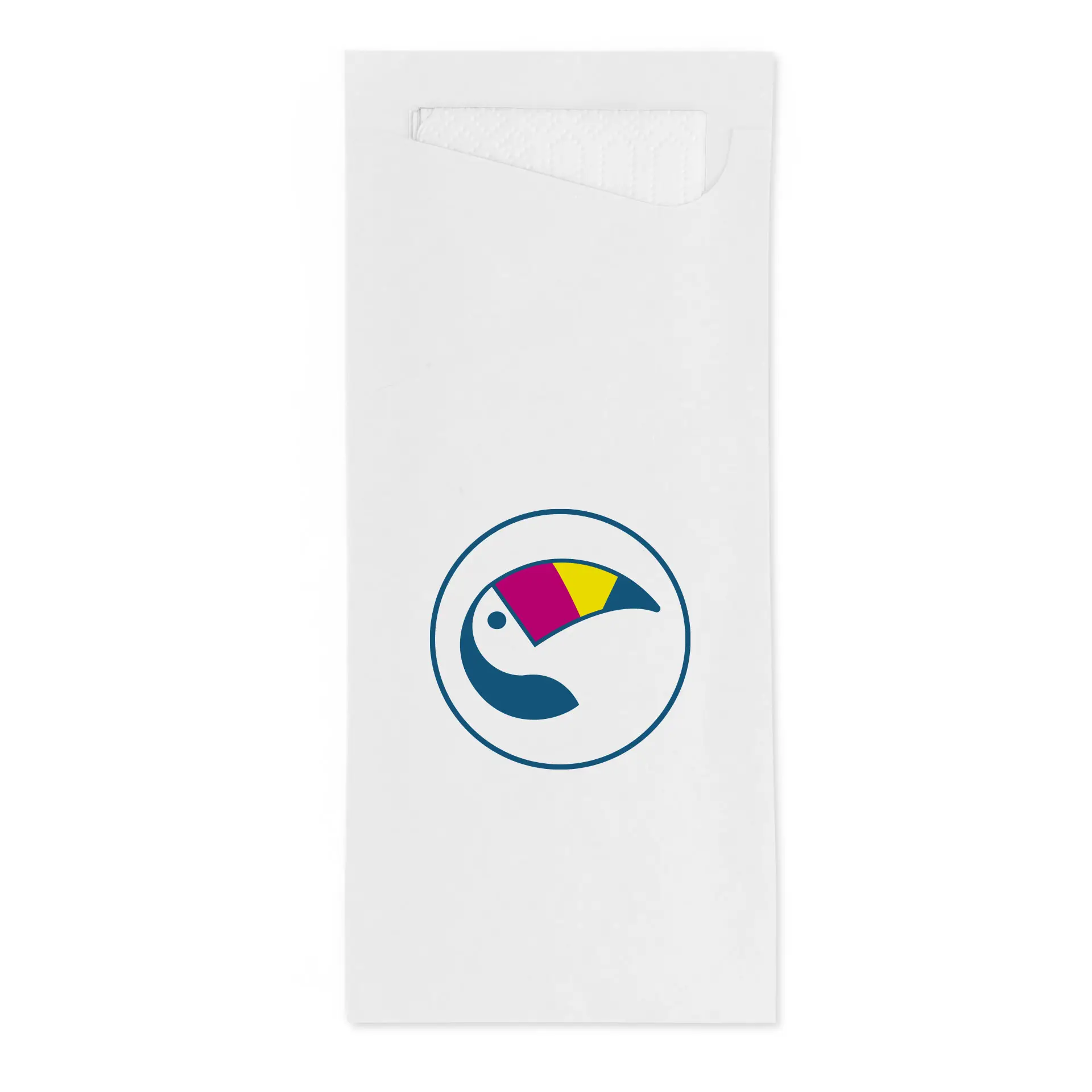 White cutlery sleeve with a colorful toucan logo, integrated napkin included for dining use.
