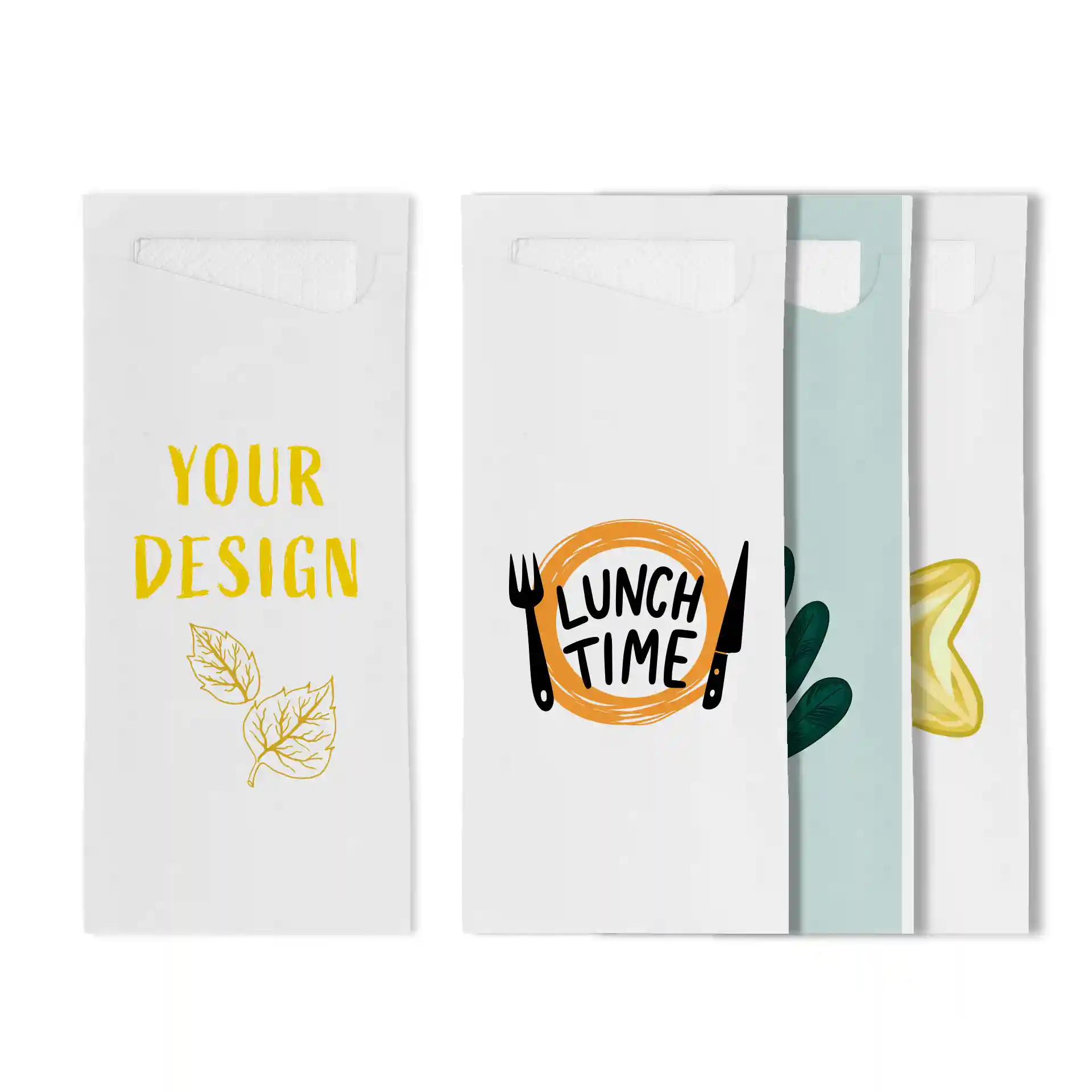Weiße bedruckte Bestecktaschen mit verschiedenen Designs, darunter ein Blatt und eine "LUNCH TIME" Grafik.