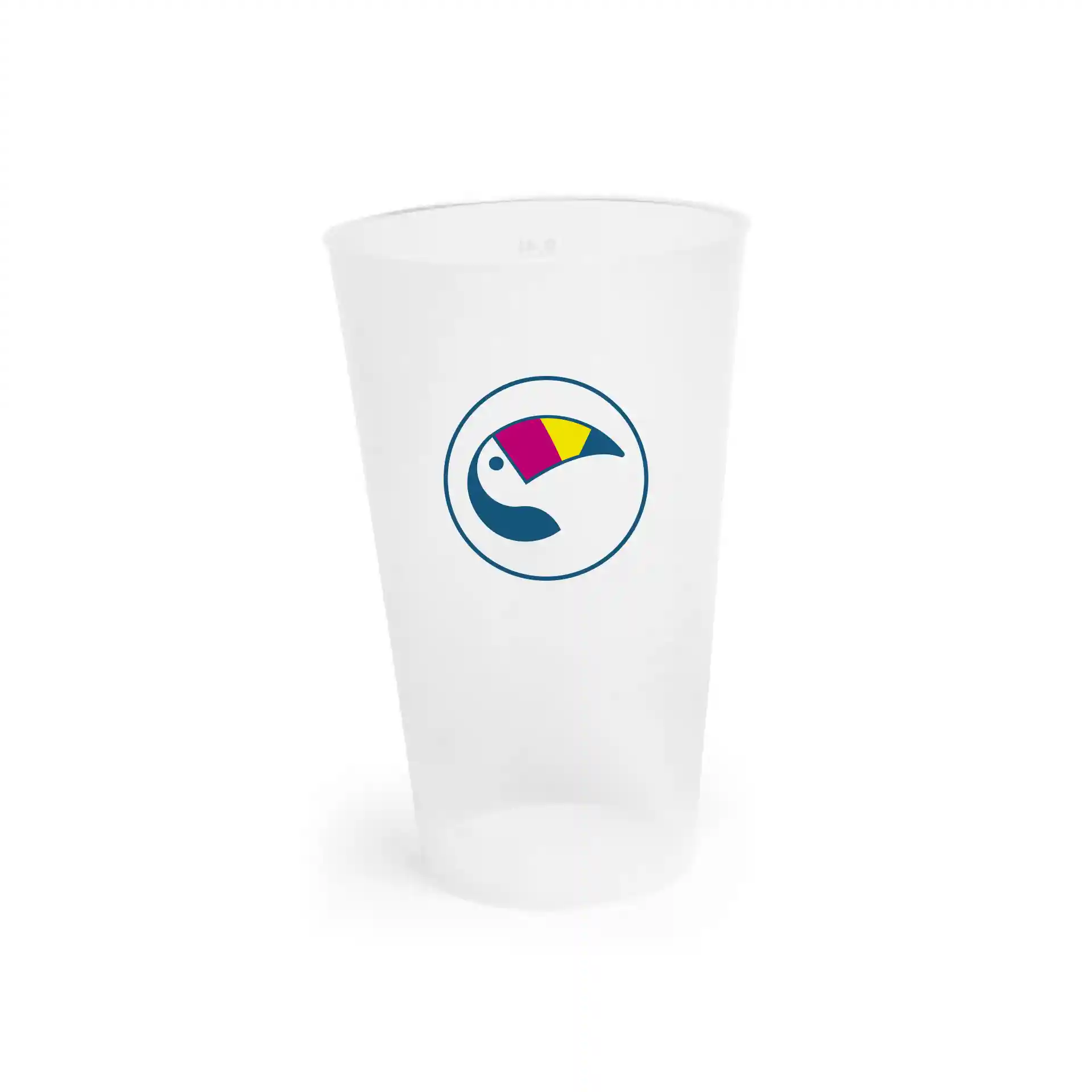 Clear reusable cup with a round shape and a logo featuring a stylized bird design.