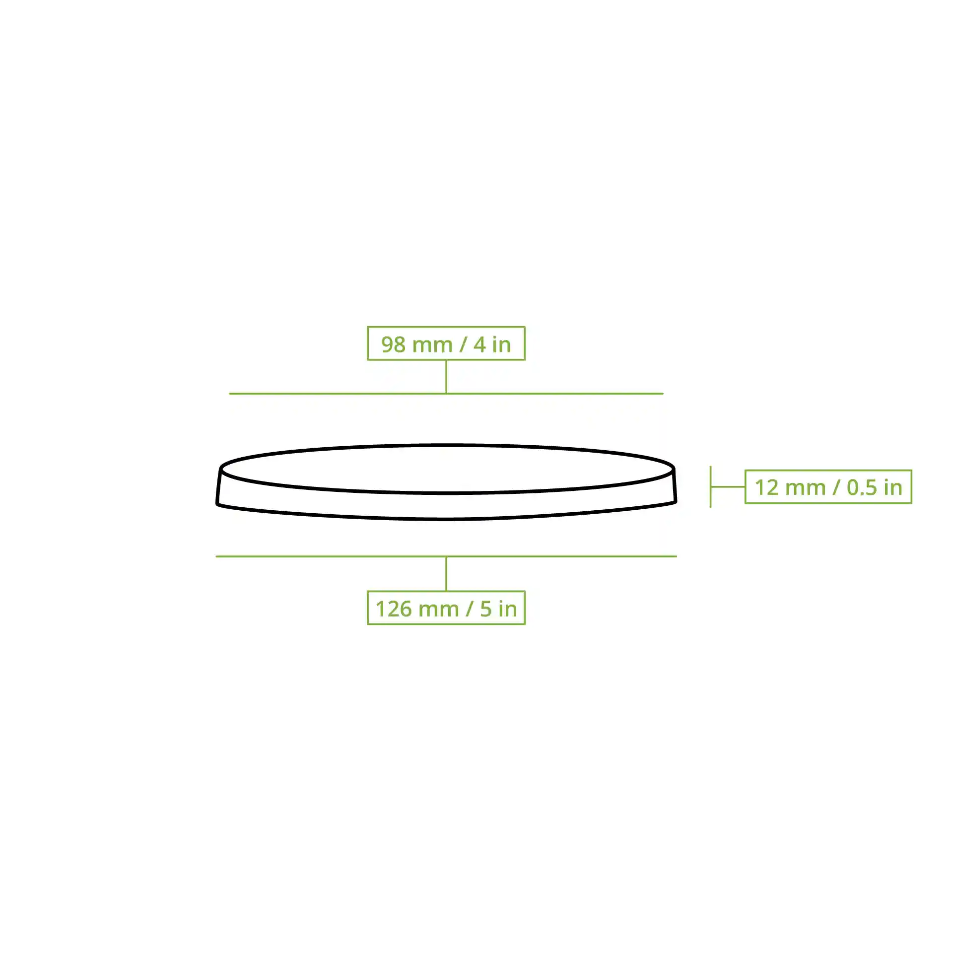 Schematische Zeichnung eines rPET-Deckels rund mit Abmessungen: obere Durchmesser 98 mm, untere Durchmesser 126 mm, Höhe 12 mm.