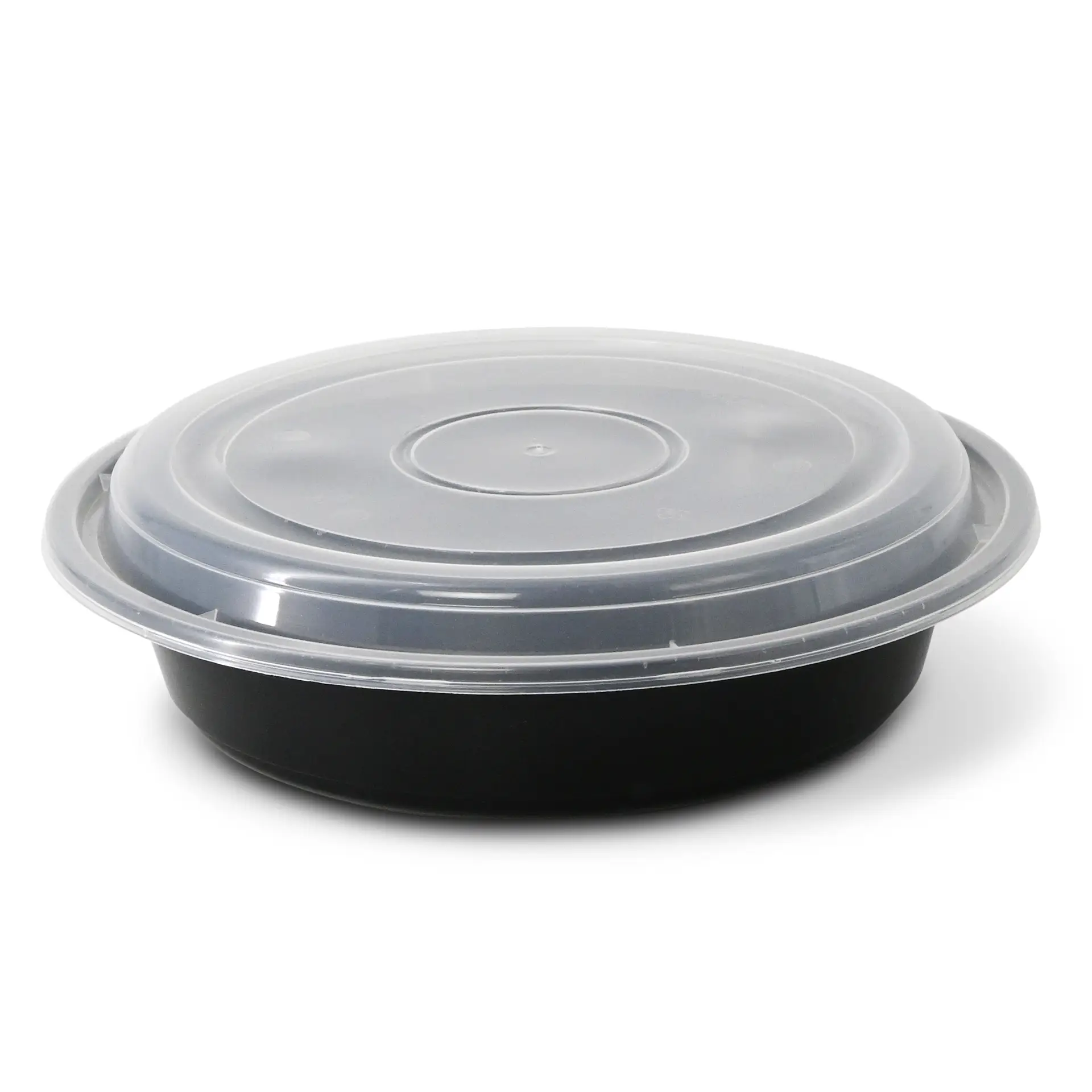 Reusable round black plate made of PP, 1000 ml, with a clear lid; suitable for hot and cold dishes.