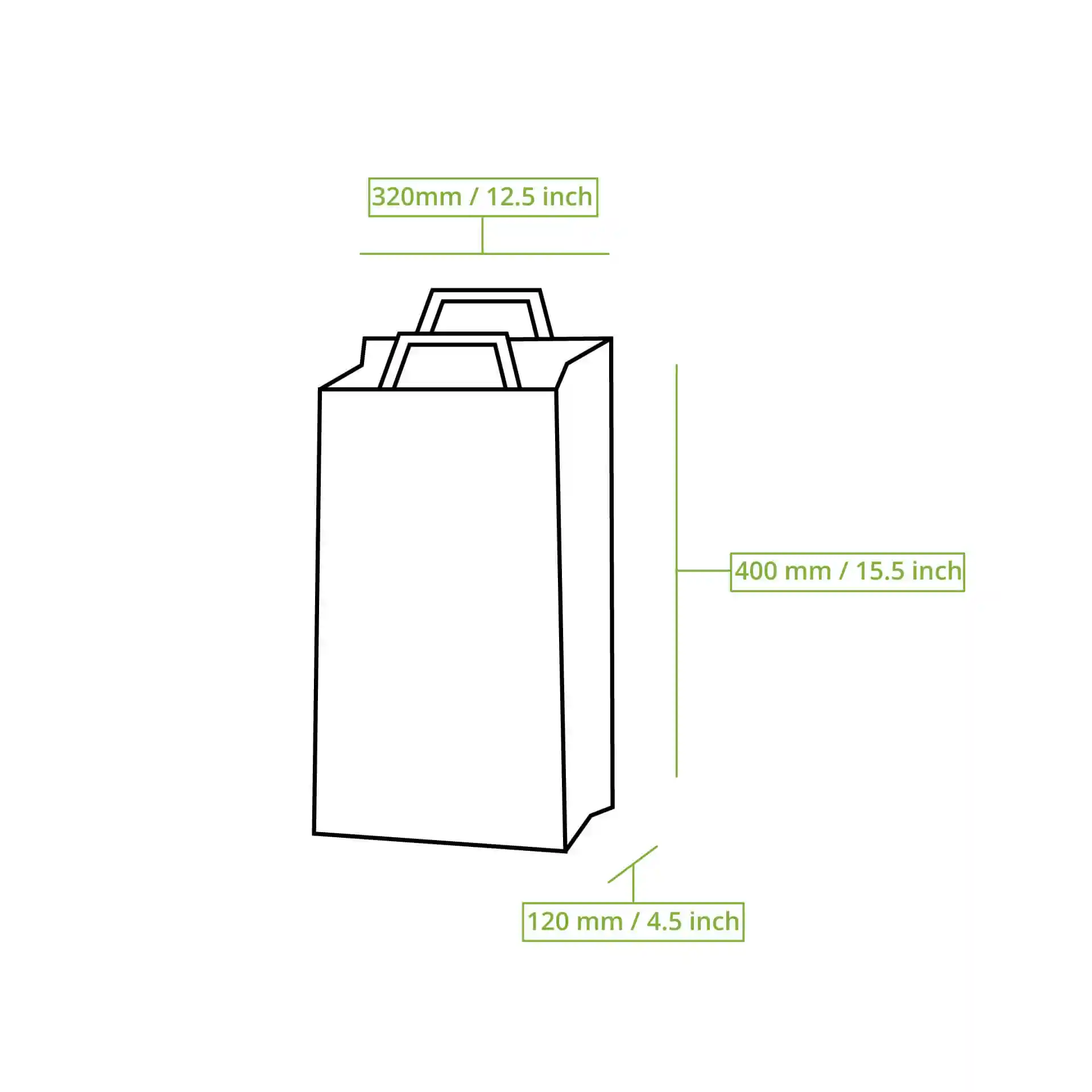Schematische Zeichnung einer braunen Recycling-Papiertasche mit beschrifteten Abmessungen: 320mm Länge, 400mm Höhe, 120mm Breite.