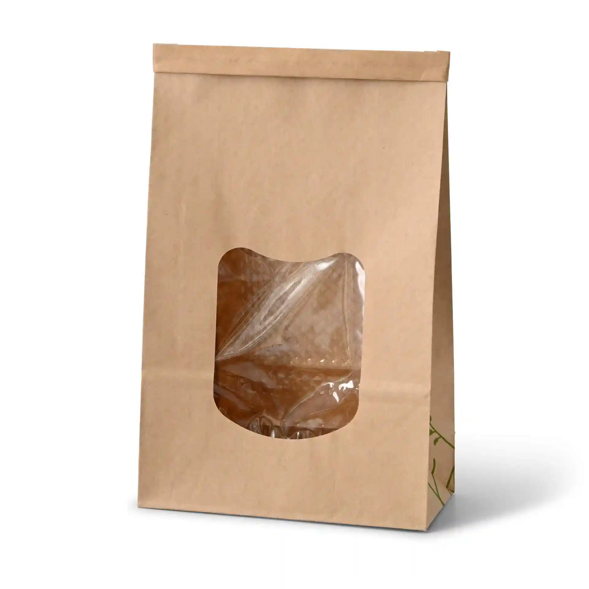 Brown kraft paper bag with a transparent window, dimensions 15.5 x 7 x 24.2 cm, featuring a tin tie closure.