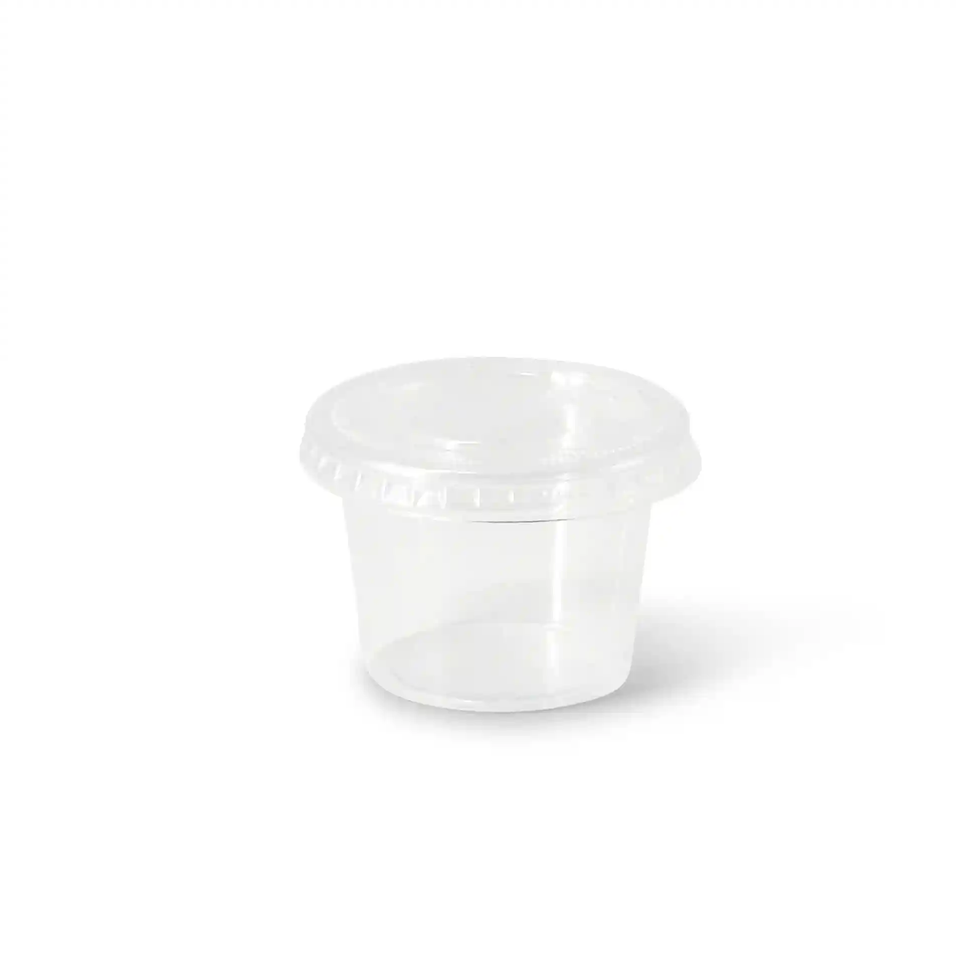 Klarer runder Behälter mit einem Durchmesser von 48 mm, aus transparentem PLA-Material.
