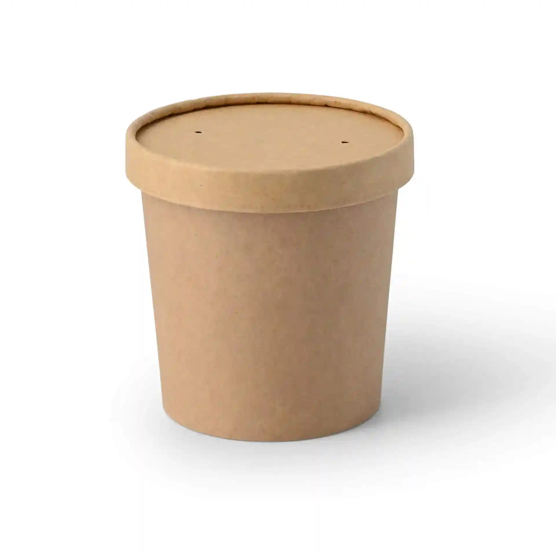 Brauner Papiereisbecher mit runder Form und Deckel, 90 mm hoch und 92 mm Durchmesser.