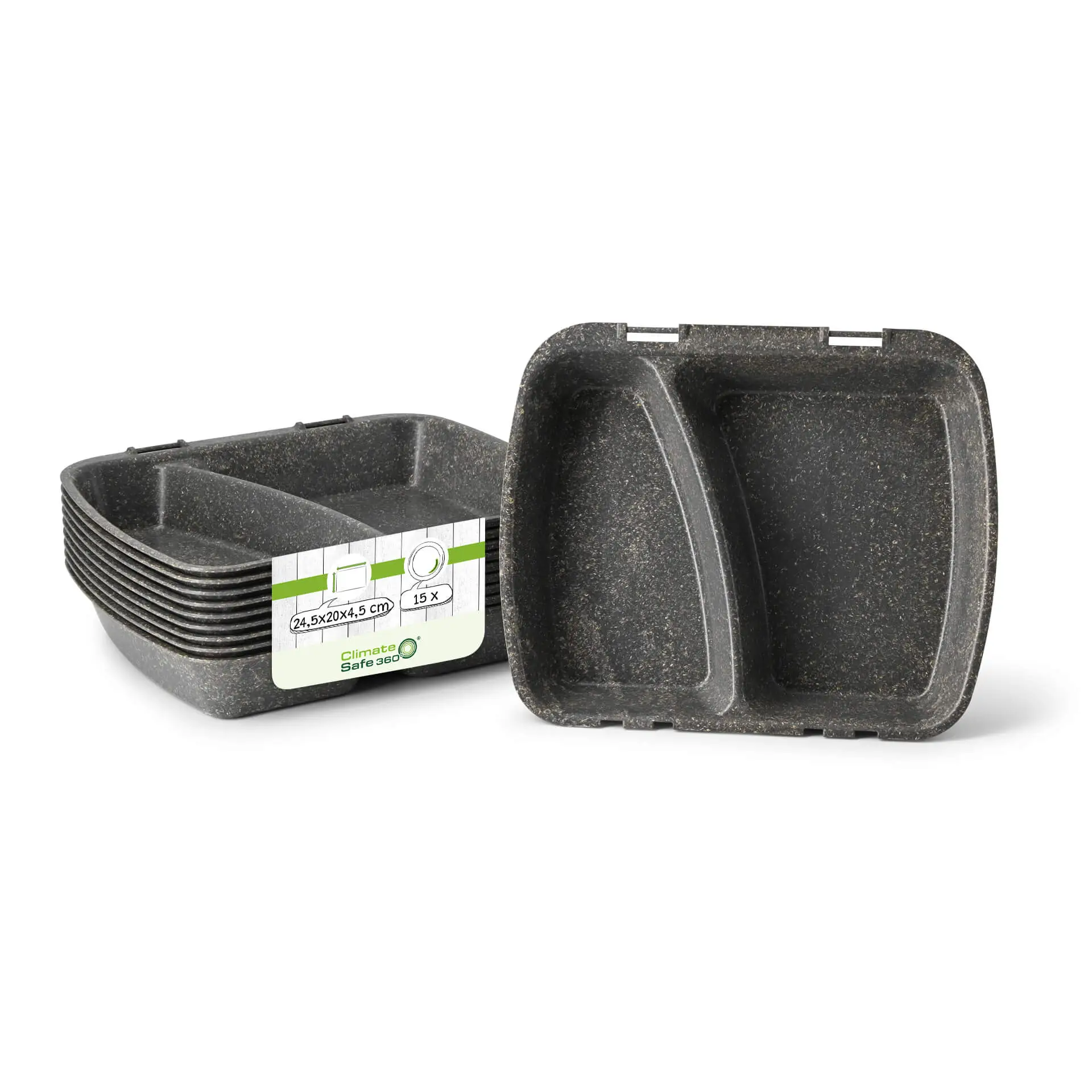 Reusable meal container "merways Box" 24.5 x 20 x 4.5 cm, 2 compartments, HP4/2, pepper / grey dfc008521-mehrweg-menuebehaelter-merways-box-245-x-20-x-45-cm-2-kammern-hp42-pfeffer-grau