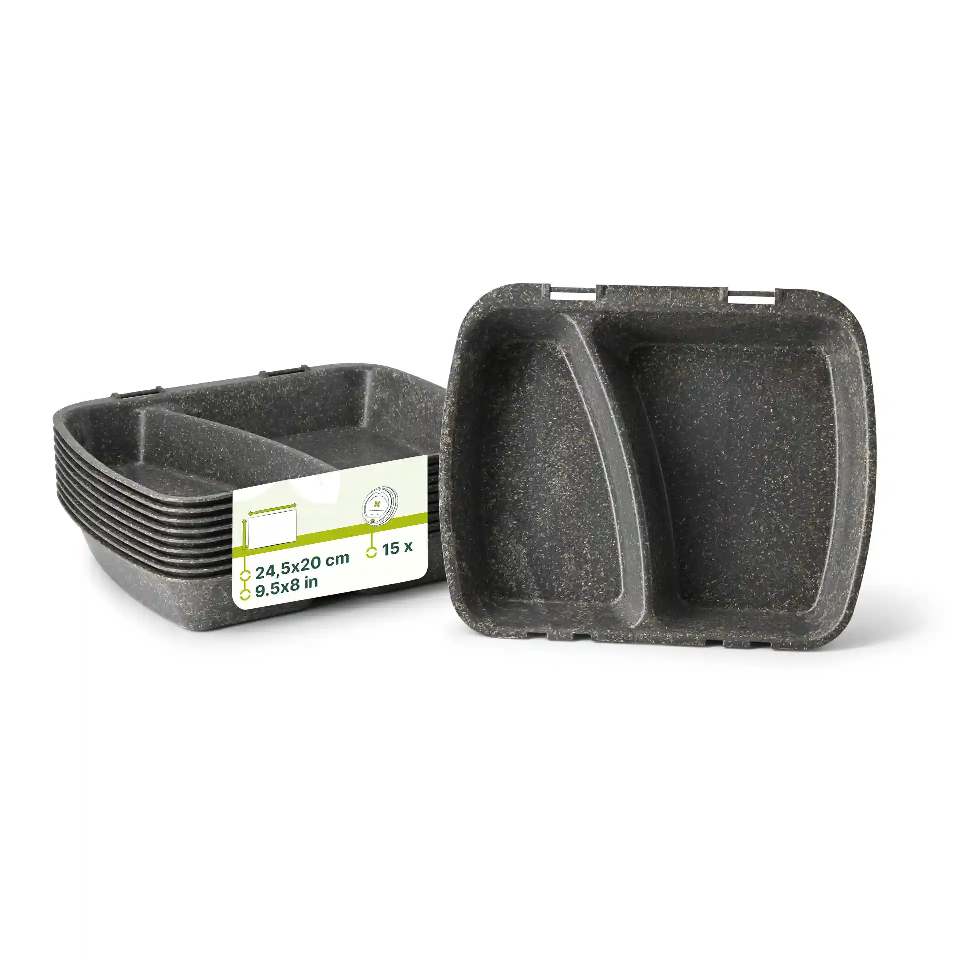 Reusable grey meal container with two compartments, dimensions 24.5 x 20 x 4.5 cm, stacked with a label visible.
