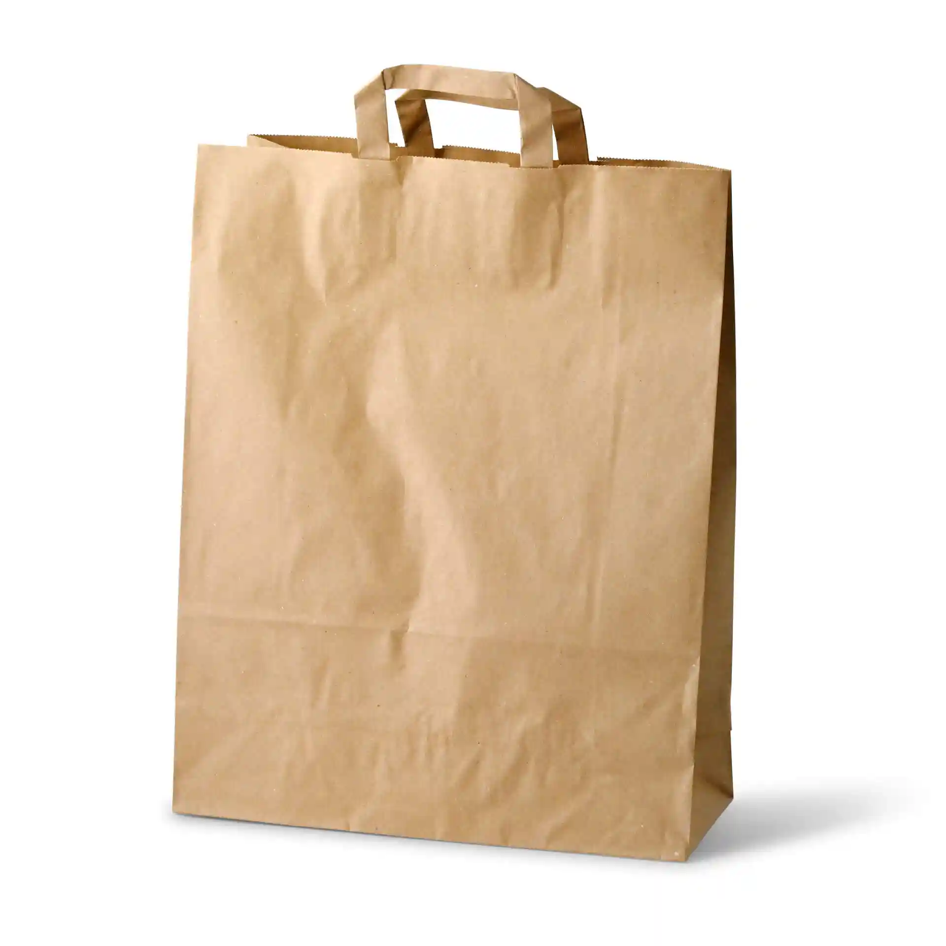 Braune Papiertasche mit zwei Griffen, 32 x 12 x 40 cm, aus unbeschichtetem Recyclingpapier.