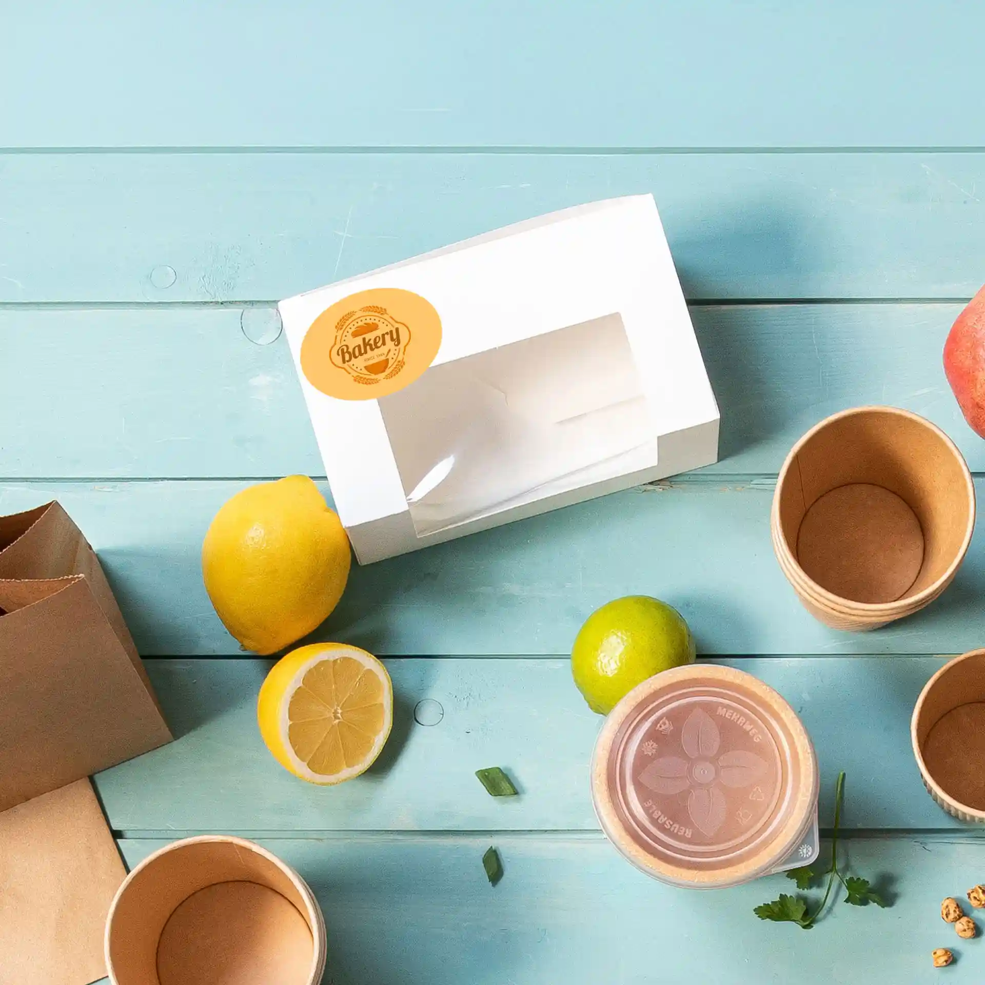 Weiße Bäckereibox mit klarem Fenster, umgeben von Zitronen, Limetten und Pappbechern auf einer blauen Holzoberfläche.