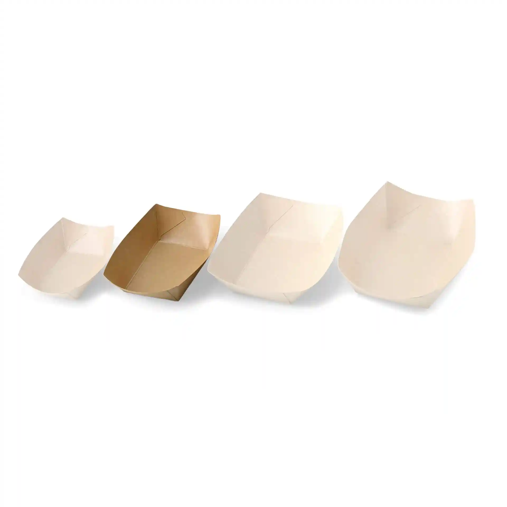 Image of four cardboard snack trays in varying sizes, two in brown and two in cream, with a glossy finish.