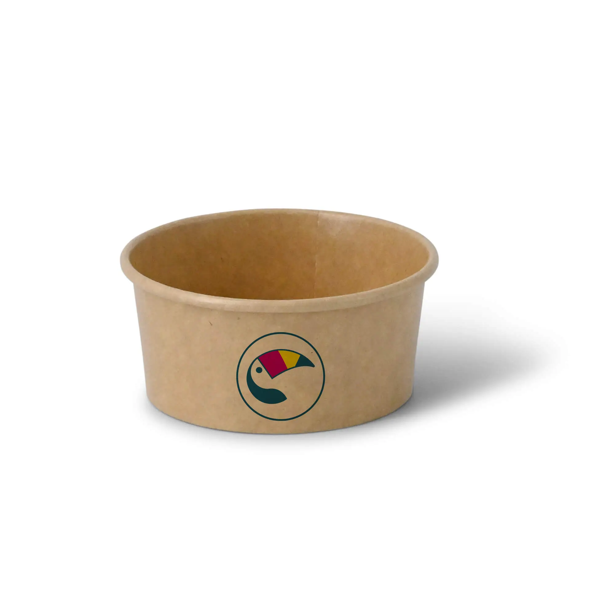 Brown ice cream cup with a printed toucan logo, designed for 100 ml portions and optionally available with a lid.