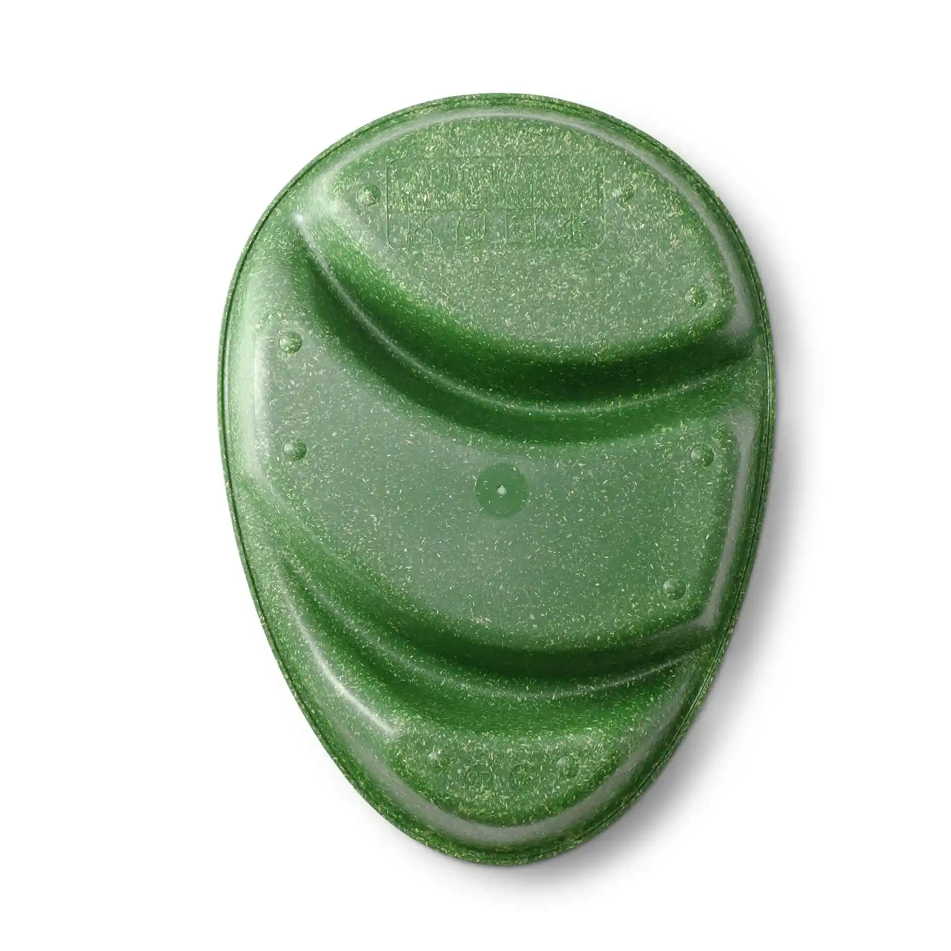 Reusable menu plate in spinach green, teardrop shape with three compartments, dimensions 27.5 x 20 x 3.5 cm.