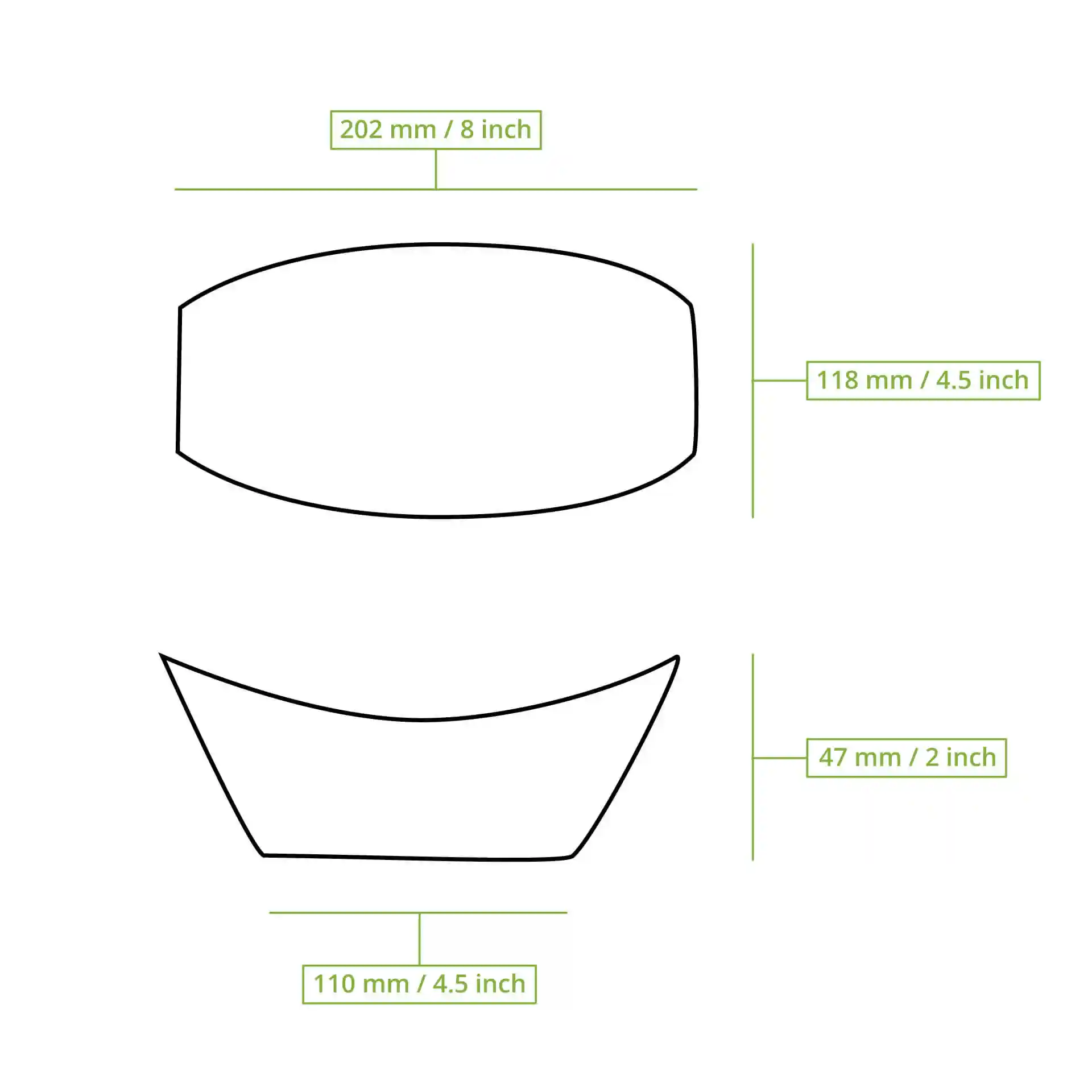 Schematische Zeichnung eines Palmblattbootes mit Abmessungen: 202 mm Länge, 118 mm Breite und 47 mm Höhe.