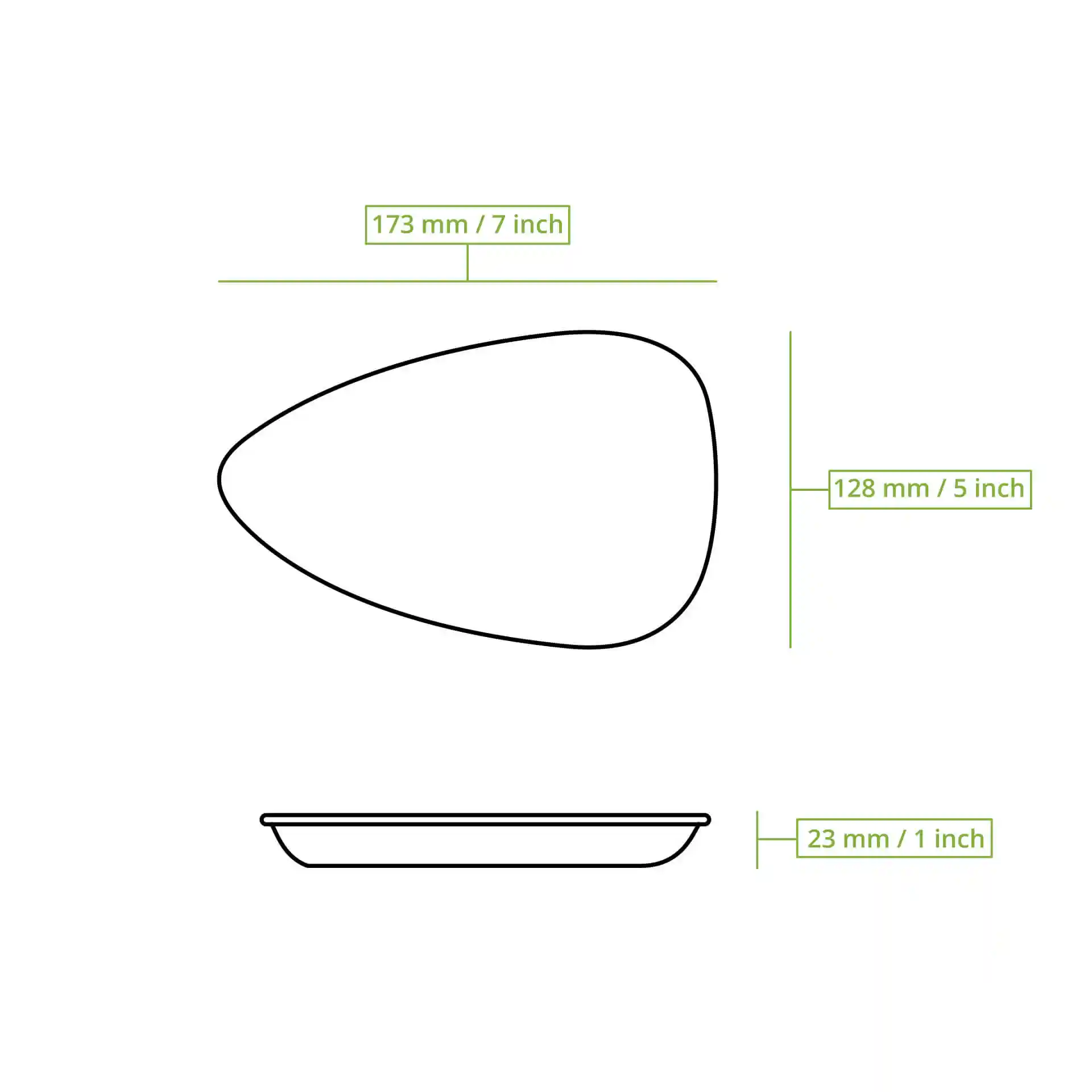 Schematische Zeichnung einer flachen ovalen Platte mit den Maßen: 173 mm Länge, 128 mm Breite und 23 mm Höhe.