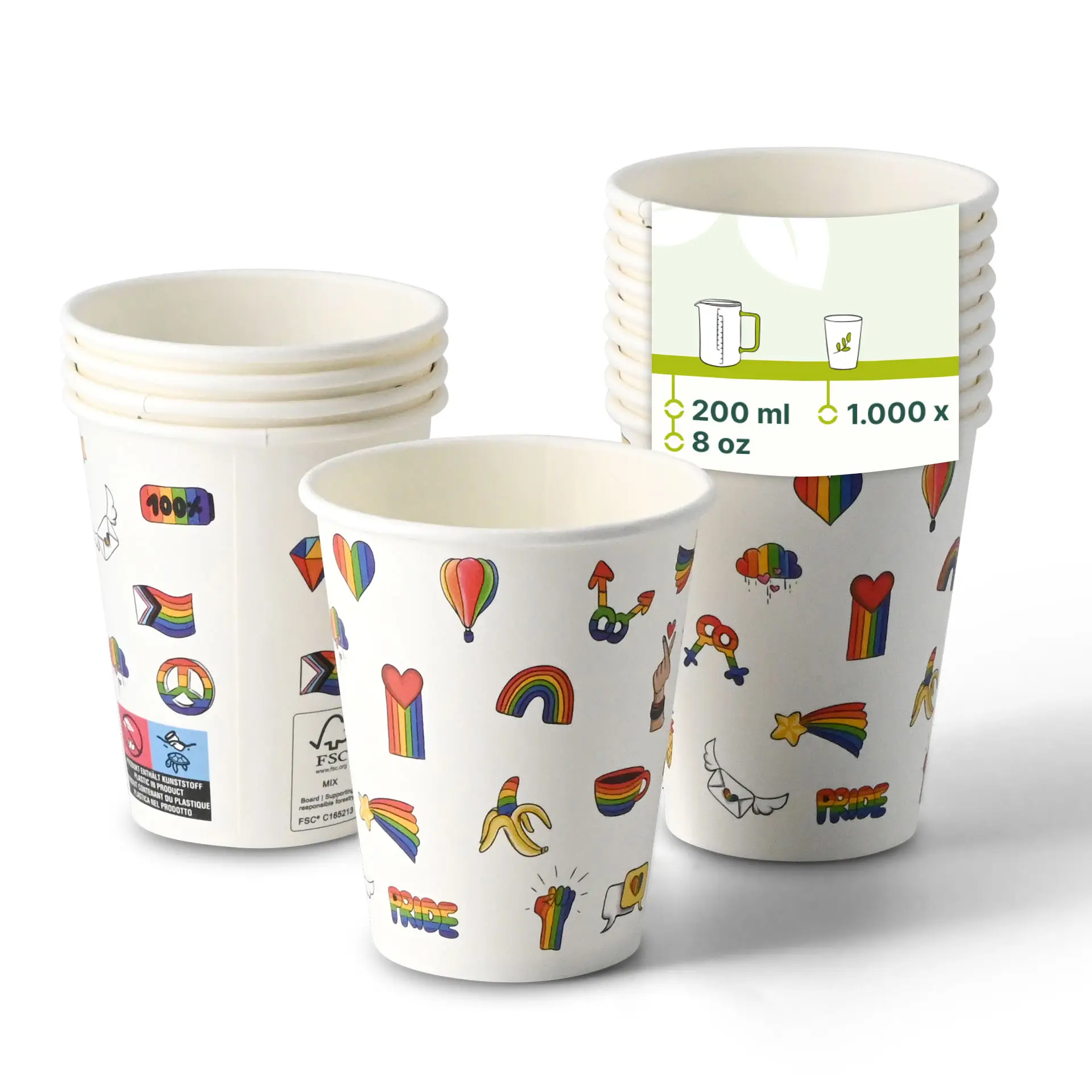 One white paper cup printed with colorful "Pride" designs; several similar cups shown with reduced opacity.