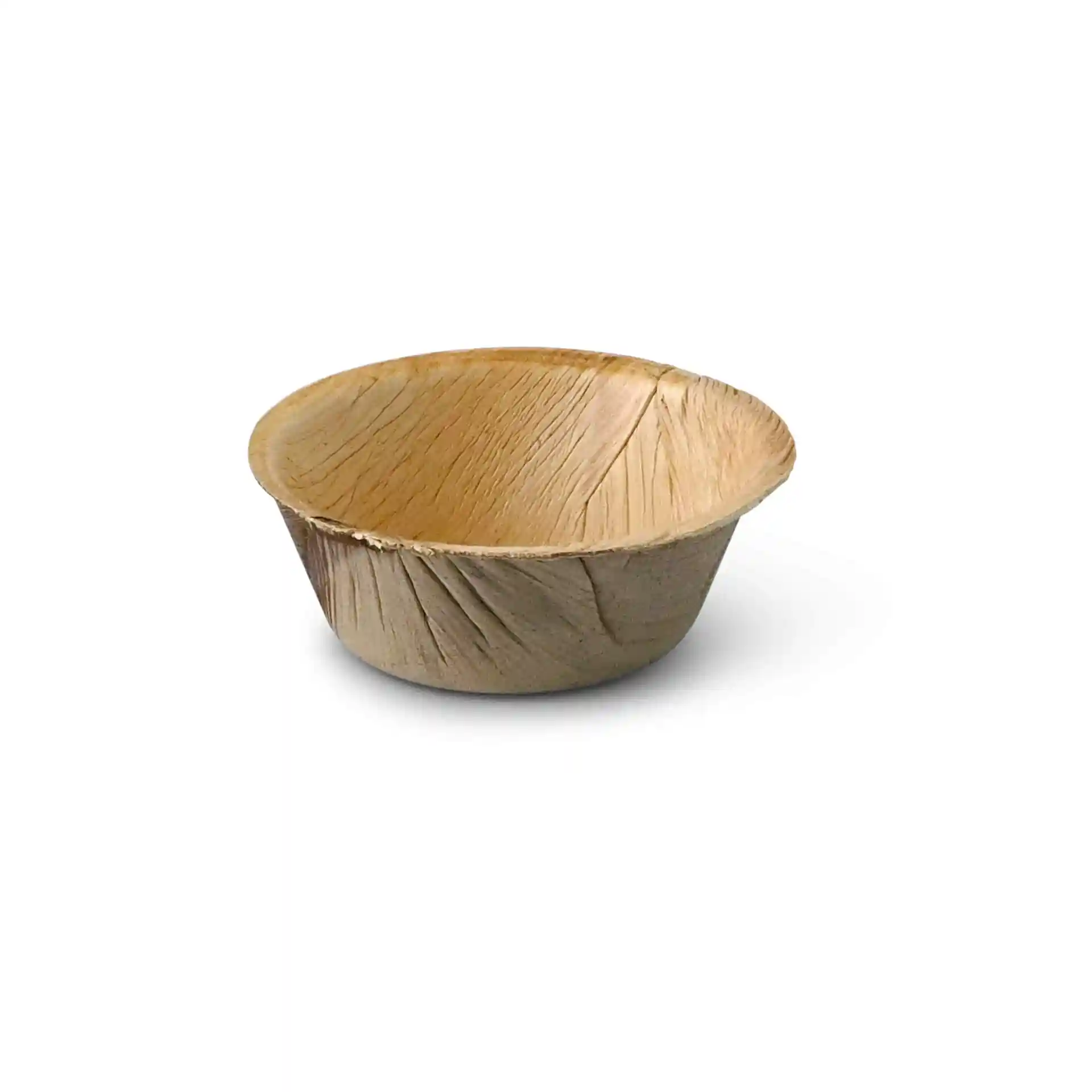 Round palm leaf bowl with a grain texture, 30 ml capacity, measuring 70 mm in diameter and 25 mm in height.